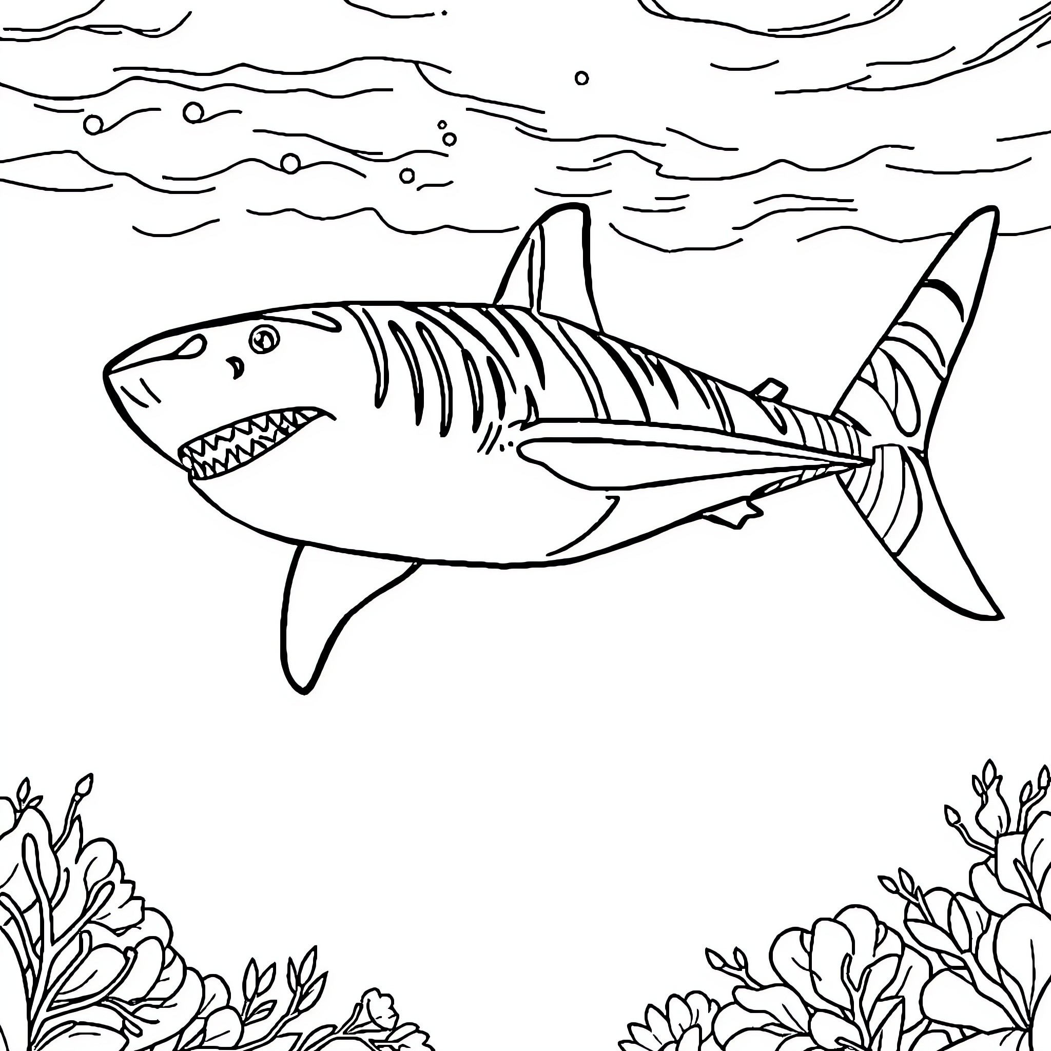 Tiger Shark swimming in the ocean Coloring Page (free black-and-white line drawing printable PDF for all, from beginners to advanced learners, including children, teens, adults, and seniors)