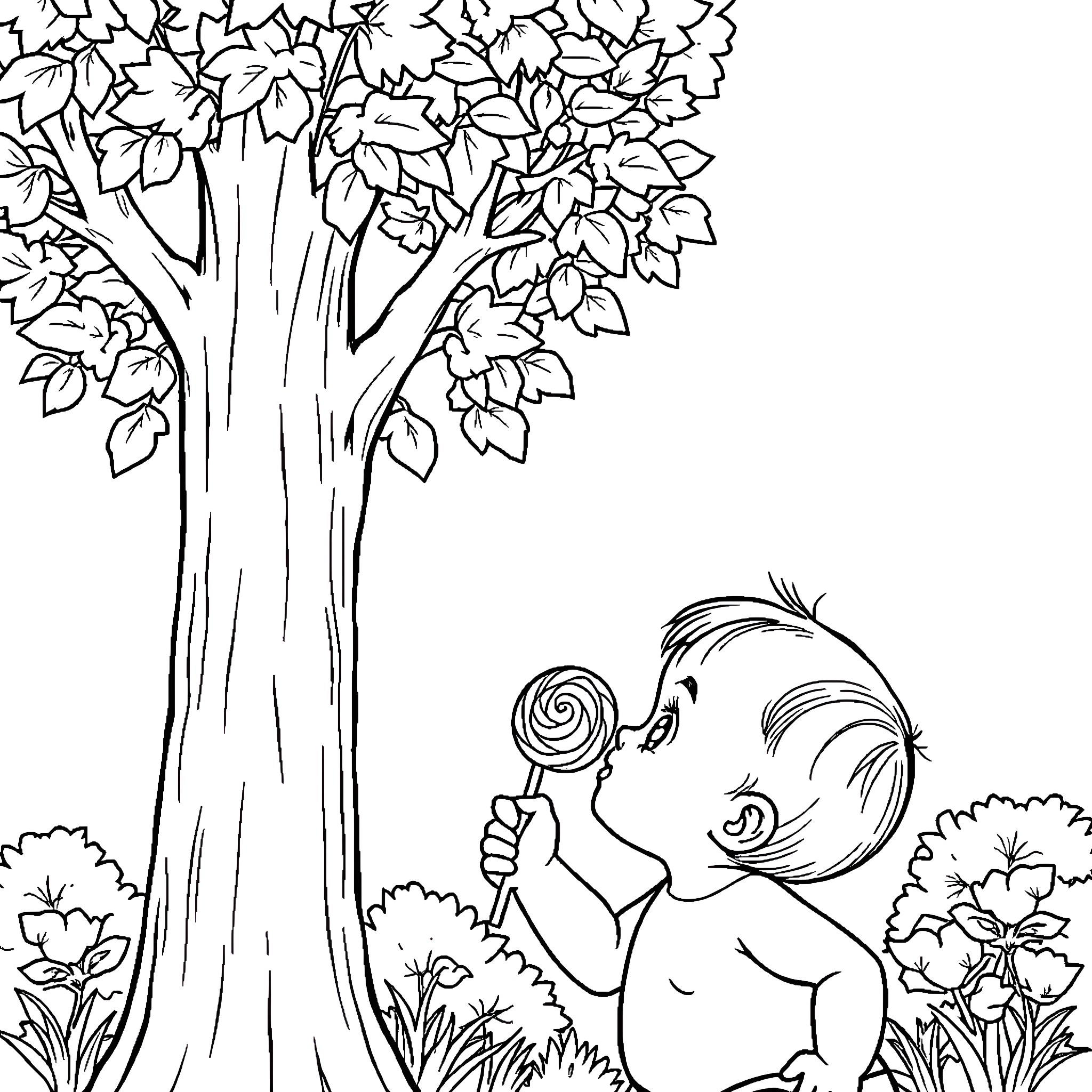 Lollipop Treat in the Whimsical Forest Coloring Page (free black-and-white line drawing printable PDF for all, from beginners to advanced learners, including children, teens, adults, and seniors)
