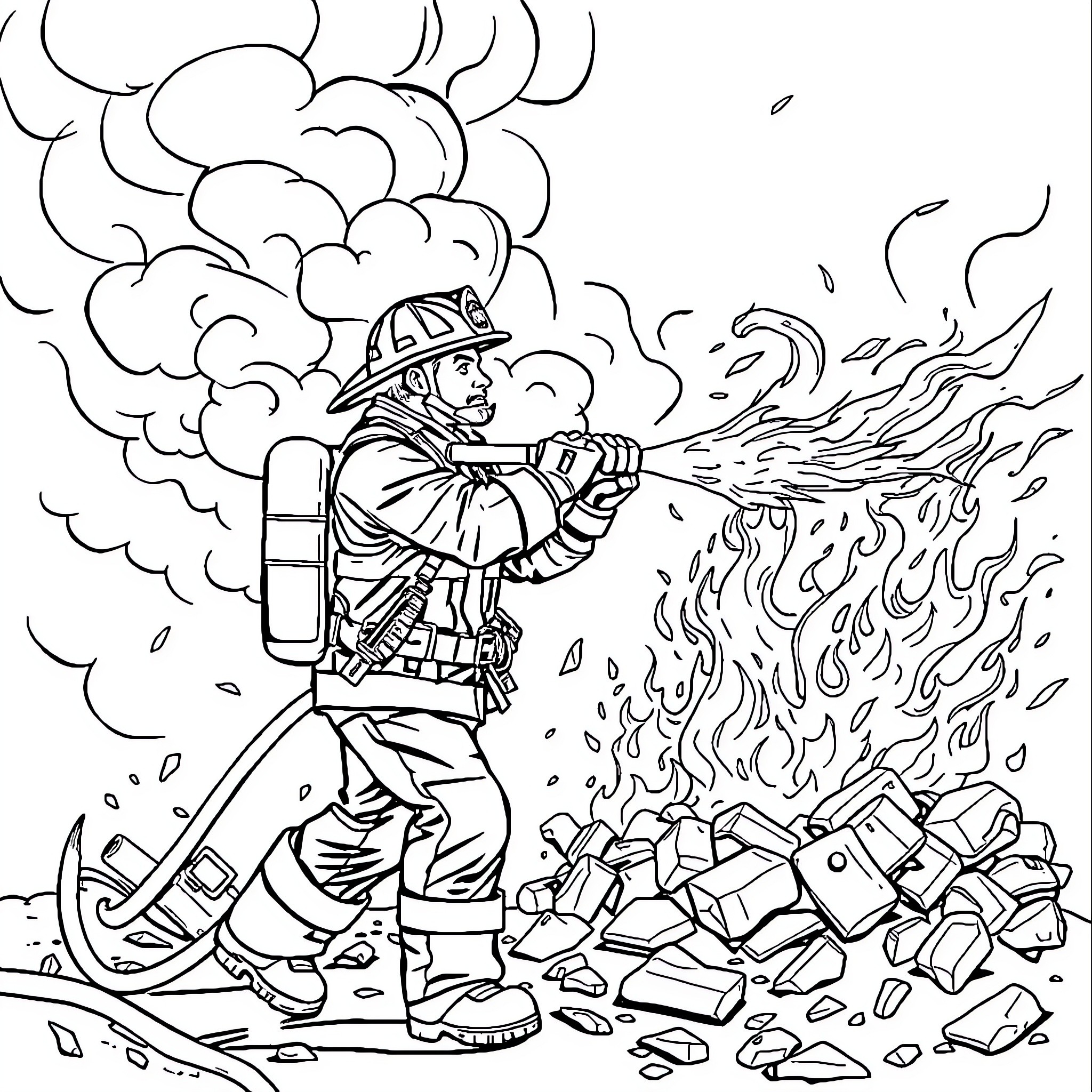 Firefighter battles blaze with courage and determination Coloring Page (free black-and-white line drawing printable PDF for all, from beginners to advanced learners, including children, teens, adults, and seniors)