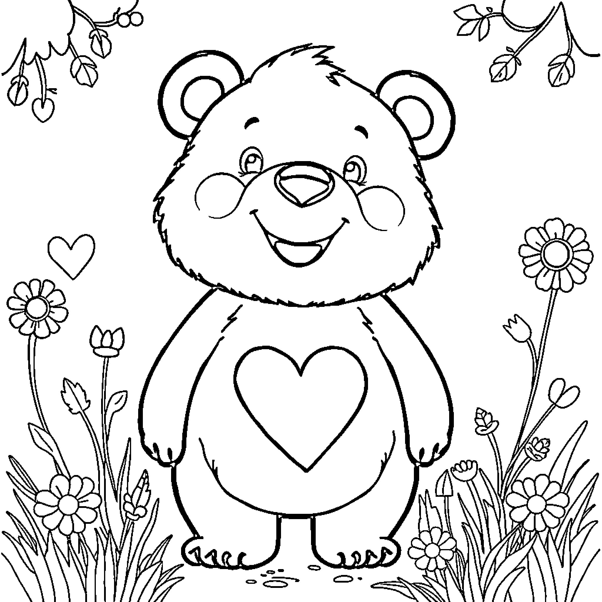 Bamse the Cheerful Bear in a Floral Garden Coloring Page (free black-and-white line drawing printable PDF for all, from beginners to advanced learners, including children, teens, adults, and seniors)