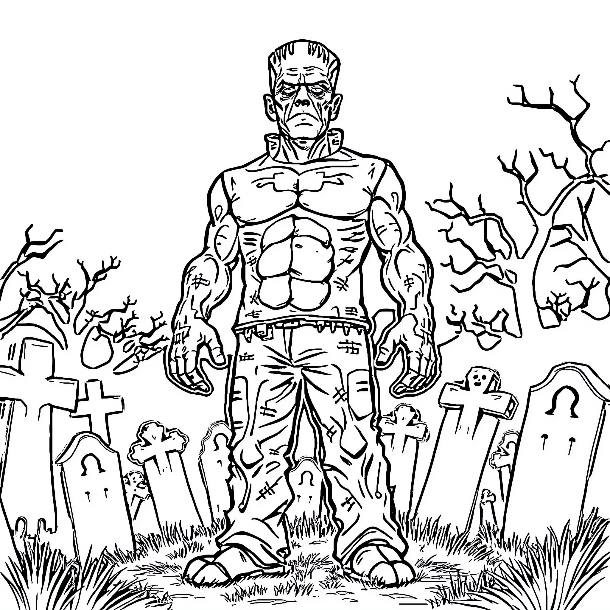 Frankenstein's Monstrous Appearance in Graveyard Landscape Coloring Page (free black-and-white line drawing printable PDF for all, from beginners to advanced learners, including children, teens, adults, and seniors)
