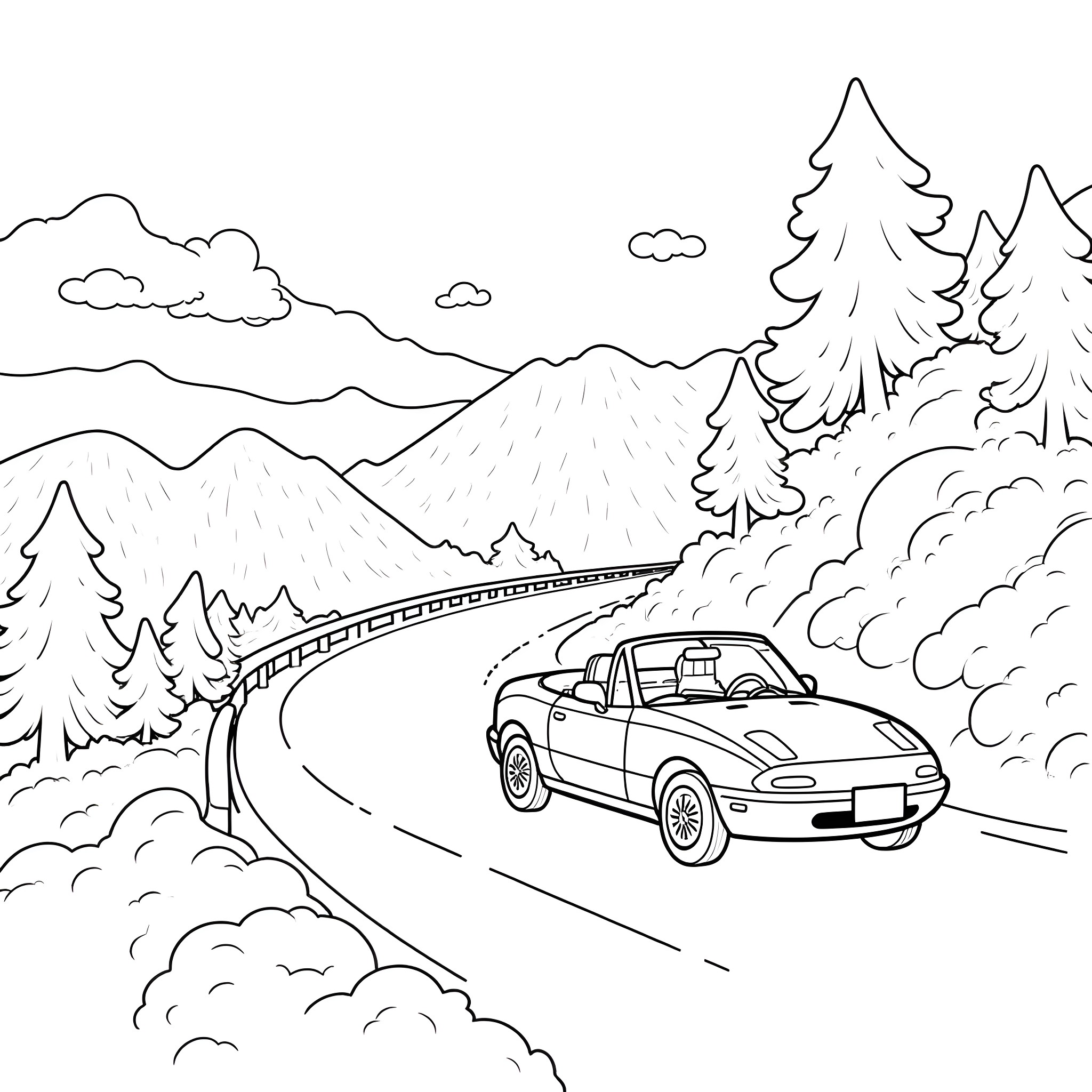Tanjiro's Scenic Mountain Drive Coloring Page (free black-and-white line drawing printable PDF for all, from beginners to advanced learners, including children, teens, adults, and seniors)