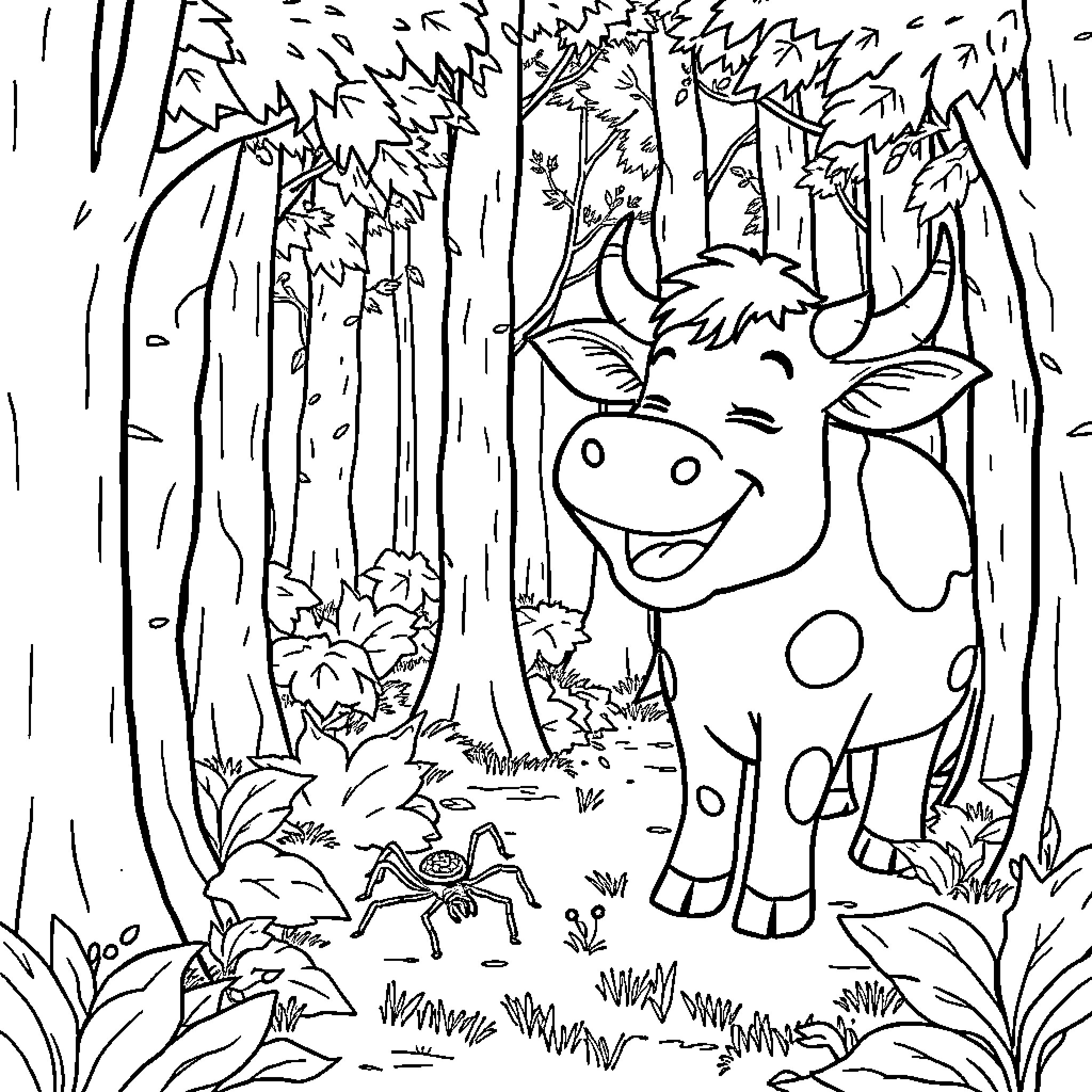 Cow exploring the lively forest Coloring Page (free black-and-white line drawing printable PDF for all, from beginners to advanced learners, including children, teens, adults, and seniors)