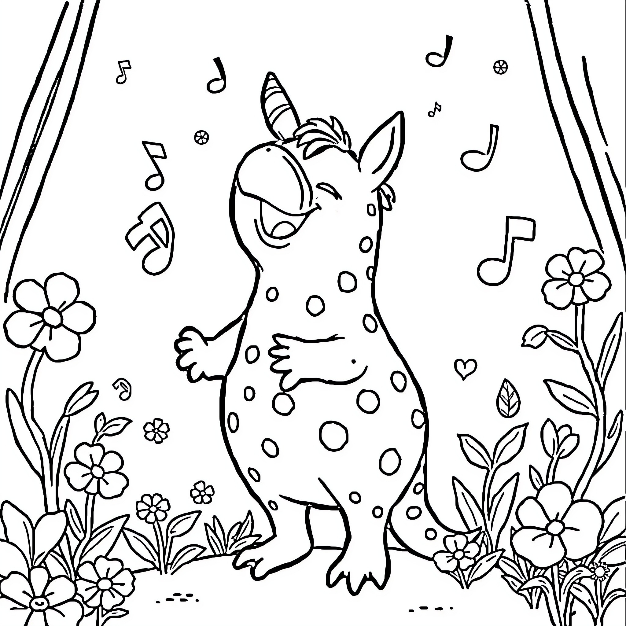 Tralalero Adorable Spotted Creature Frolicking Amidst Flowers and Music Notes Coloring Page (free black-and-white line drawing printable PDF for all, from beginners to advanced learners, including children, teens, adults, and seniors)