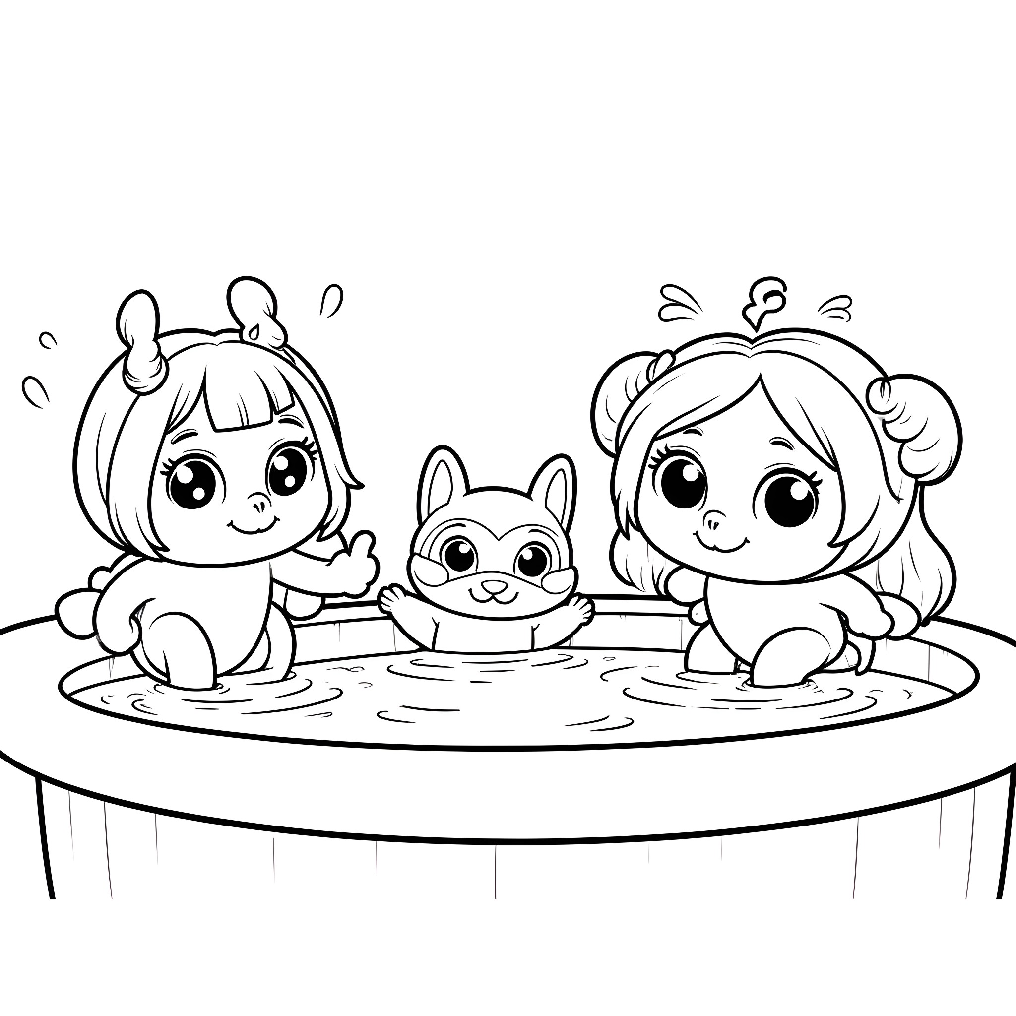 Bluey and friends playing in the tub Coloring Page (free black-and-white line drawing printable PDF for all, from beginners to advanced learners, including children, teens, adults, and seniors)