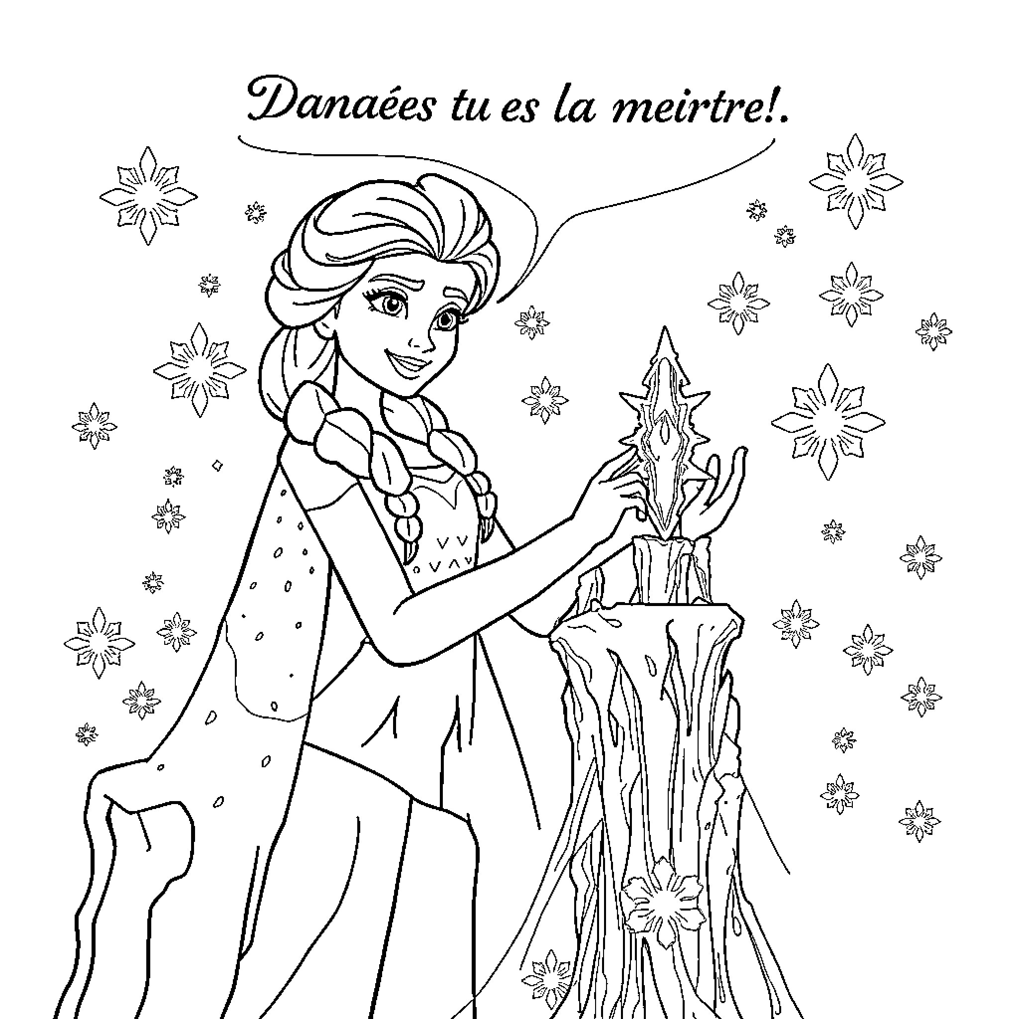 Elsa's Snowy Adventure Coloring Page (free black-and-white line drawing printable PDF for all, from beginners to advanced learners, including children, teens, adults, and seniors)