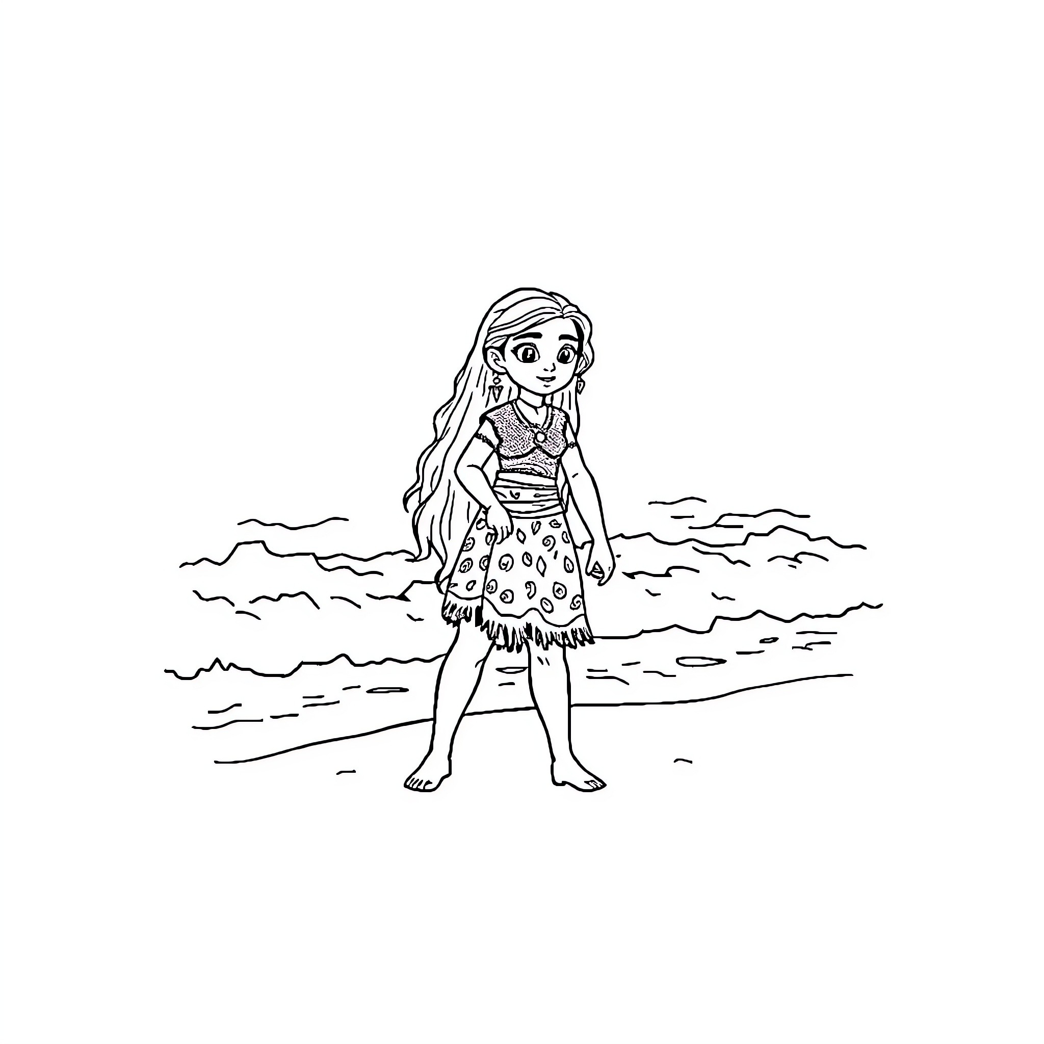 Moana exploring the beach with a happy expression Coloring Page (free black-and-white line drawing printable PDF for all, from beginners to advanced learners, including children, teens, adults, and seniors)