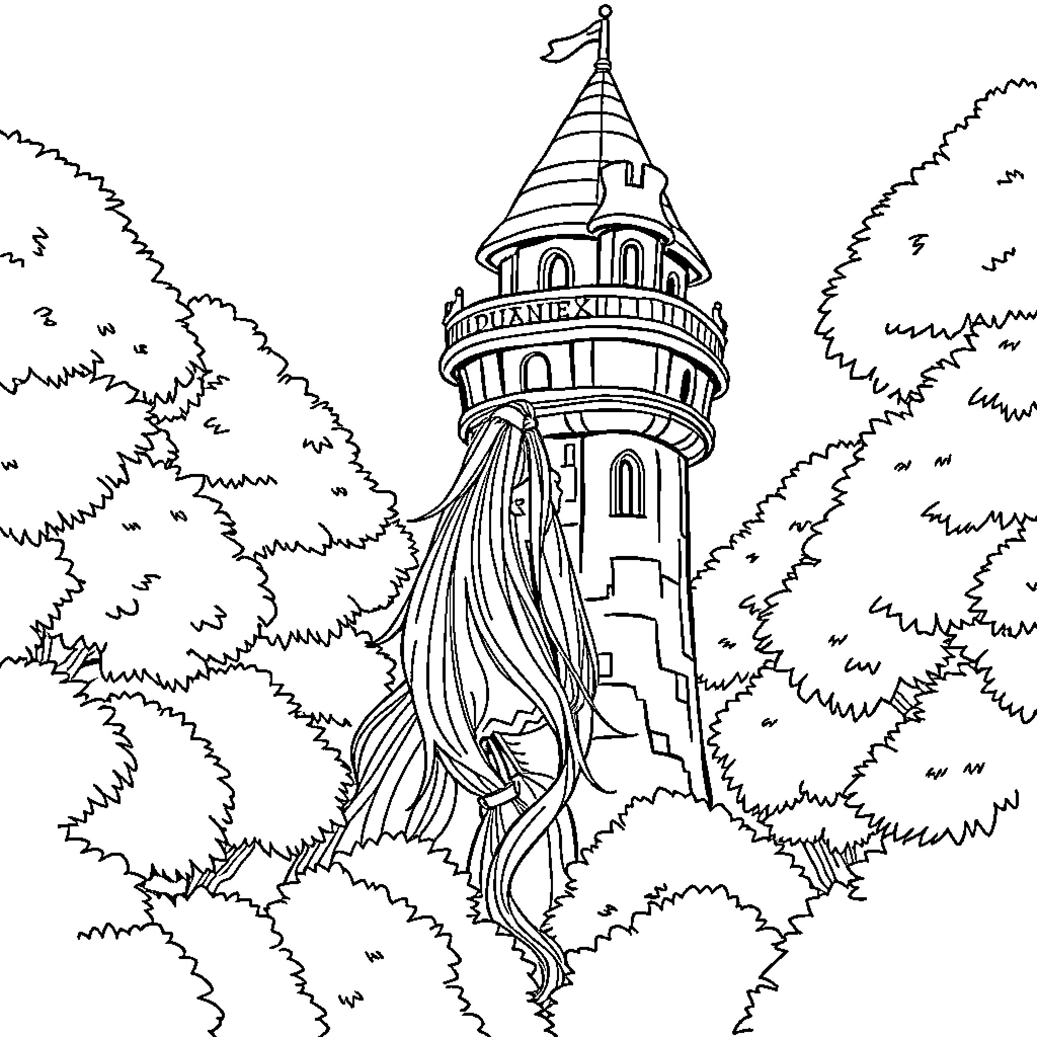 Rapunzel's Enchanted Tower in the Forest Coloring Page (free black-and-white line drawing printable PDF for all, from beginners to advanced learners, including children, teens, adults, and seniors)