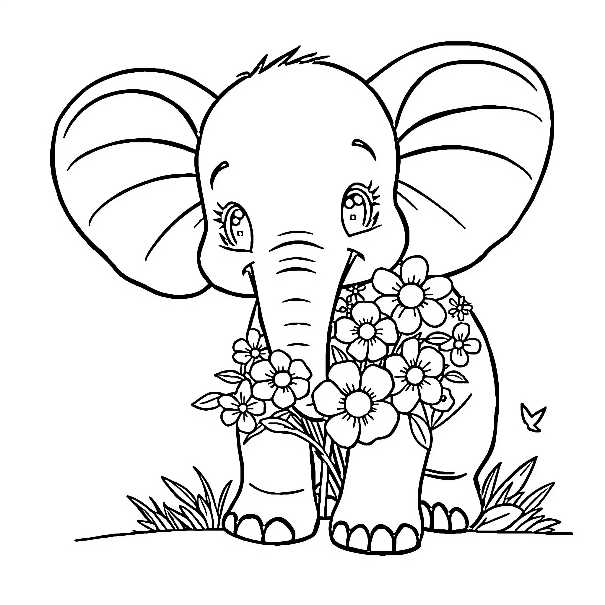 Elephant with Flower Bouquet Coloring Page (free black-and-white line drawing printable PDF for all, from beginners to advanced learners, including children, teens, adults, and seniors)