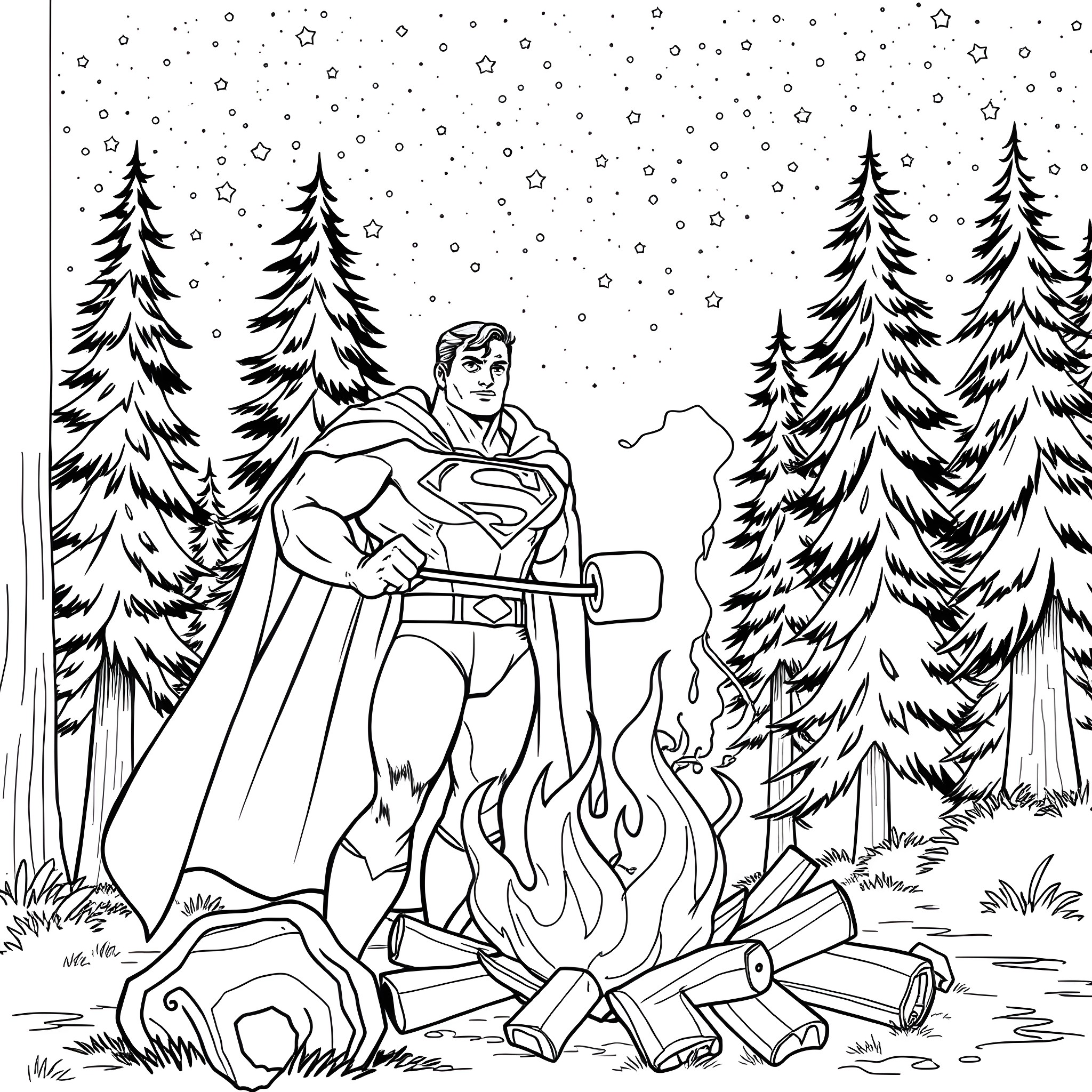 Superman Camping in a Snowy Winter Wonderland Coloring Page (free black-and-white line drawing printable PDF for all, from beginners to advanced learners, including children, teens, adults, and seniors)