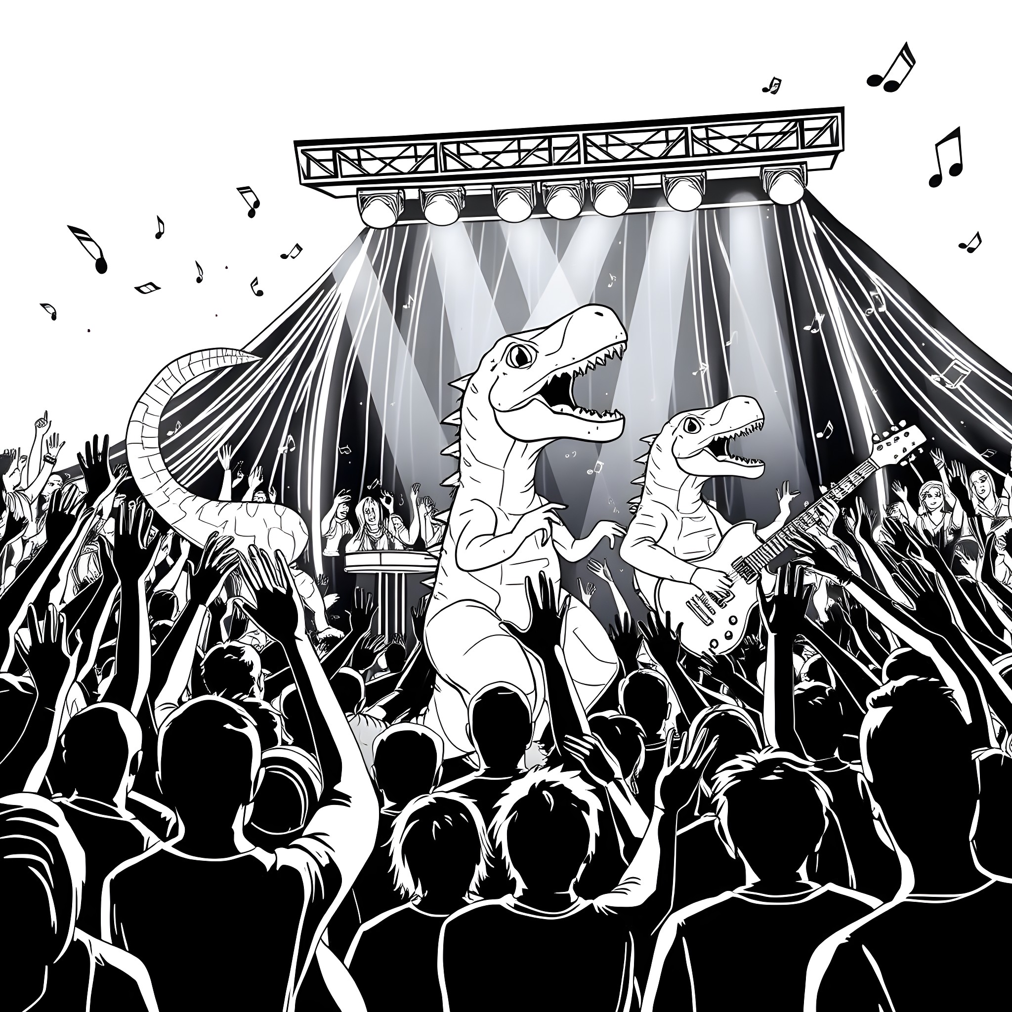 Dinosaur rock band performing on stage for an excited crowd Coloring Page (free black-and-white line drawing printable PDF for all, from beginners to advanced learners, including children, teens, adults, and seniors)