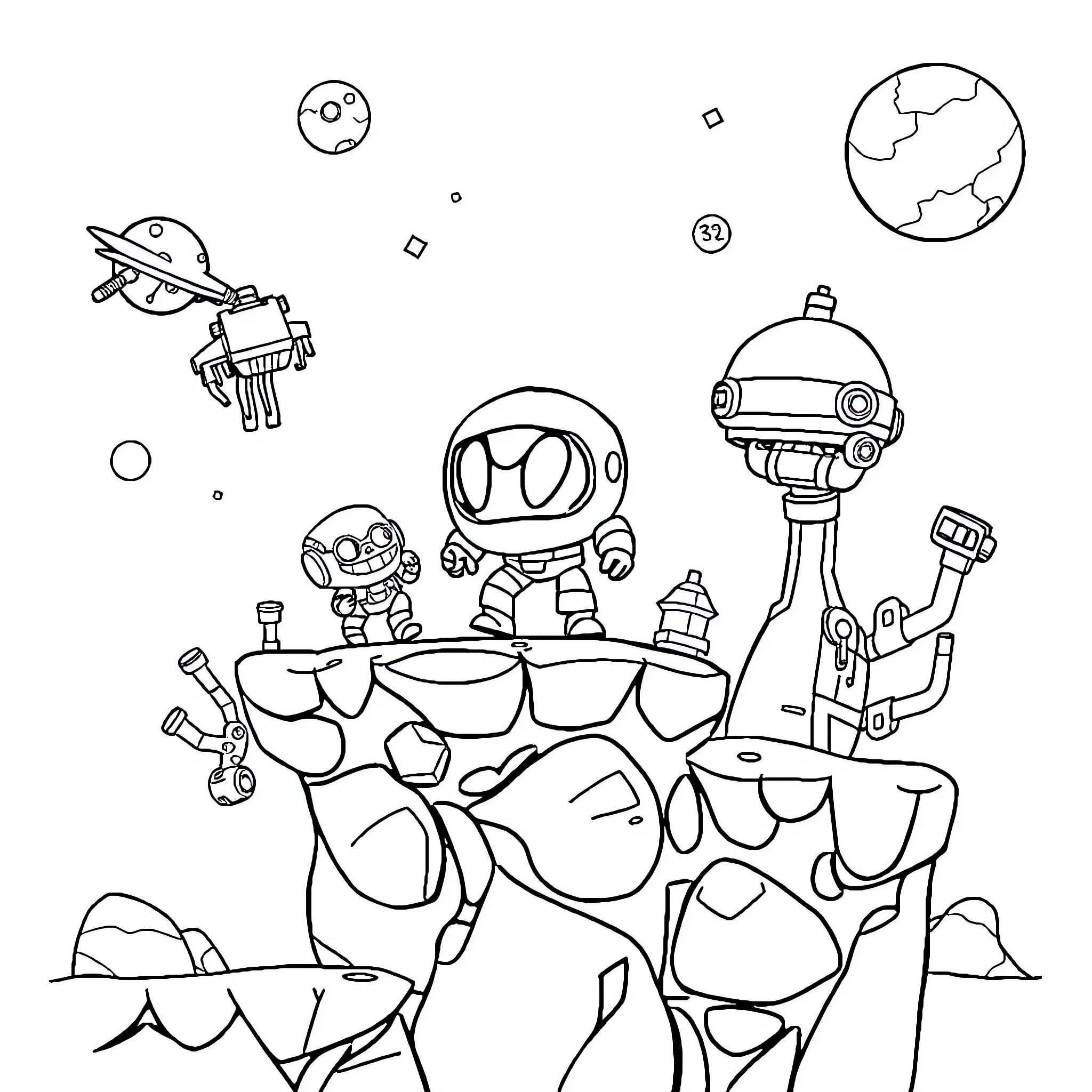 Game Asset: Cartoon robots exploring alien planet Coloring Page (free black-and-white line drawing printable PDF for all, from beginners to advanced learners, including children, teens, adults, and seniors)