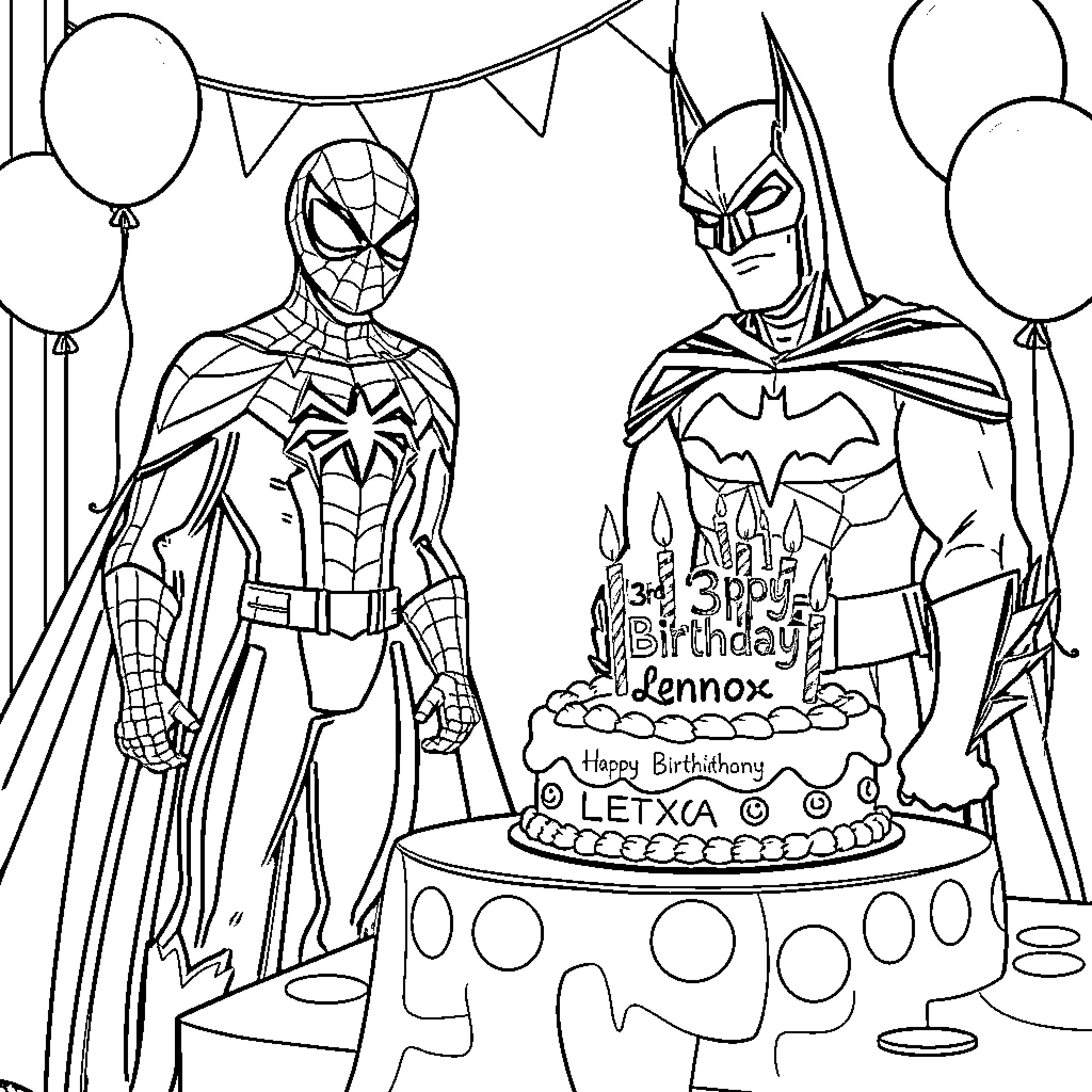 Spiderman and Batman celebrate a birthday party Coloring Page (free black-and-white line drawing printable PDF for all, from beginners to advanced learners, including children, teens, adults, and seniors)