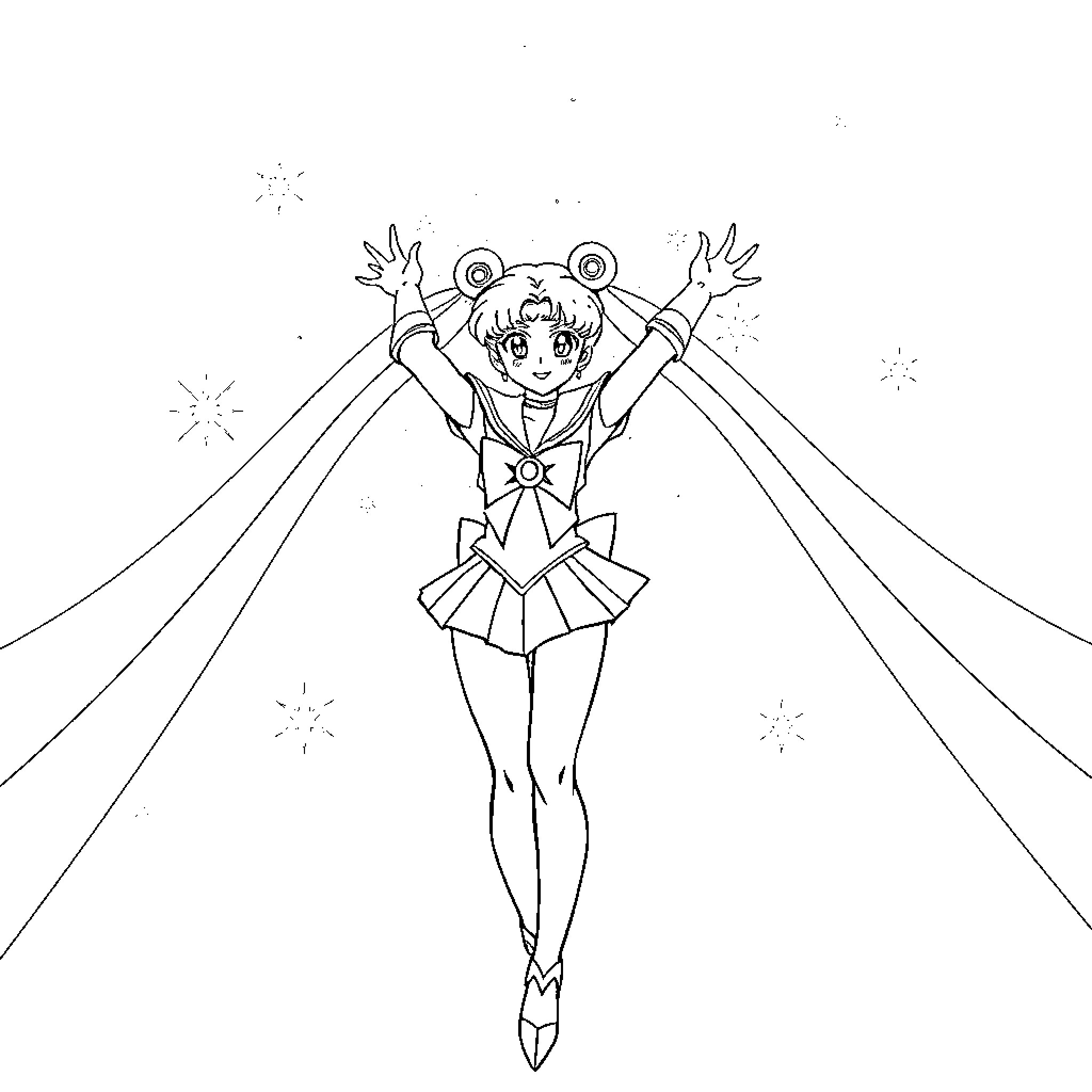 Sailor Moon in Heroic Pose with Radiant Beams Coloring Page (free black-and-white line drawing printable PDF for all, from beginners to advanced learners, including children, teens, adults, and seniors)