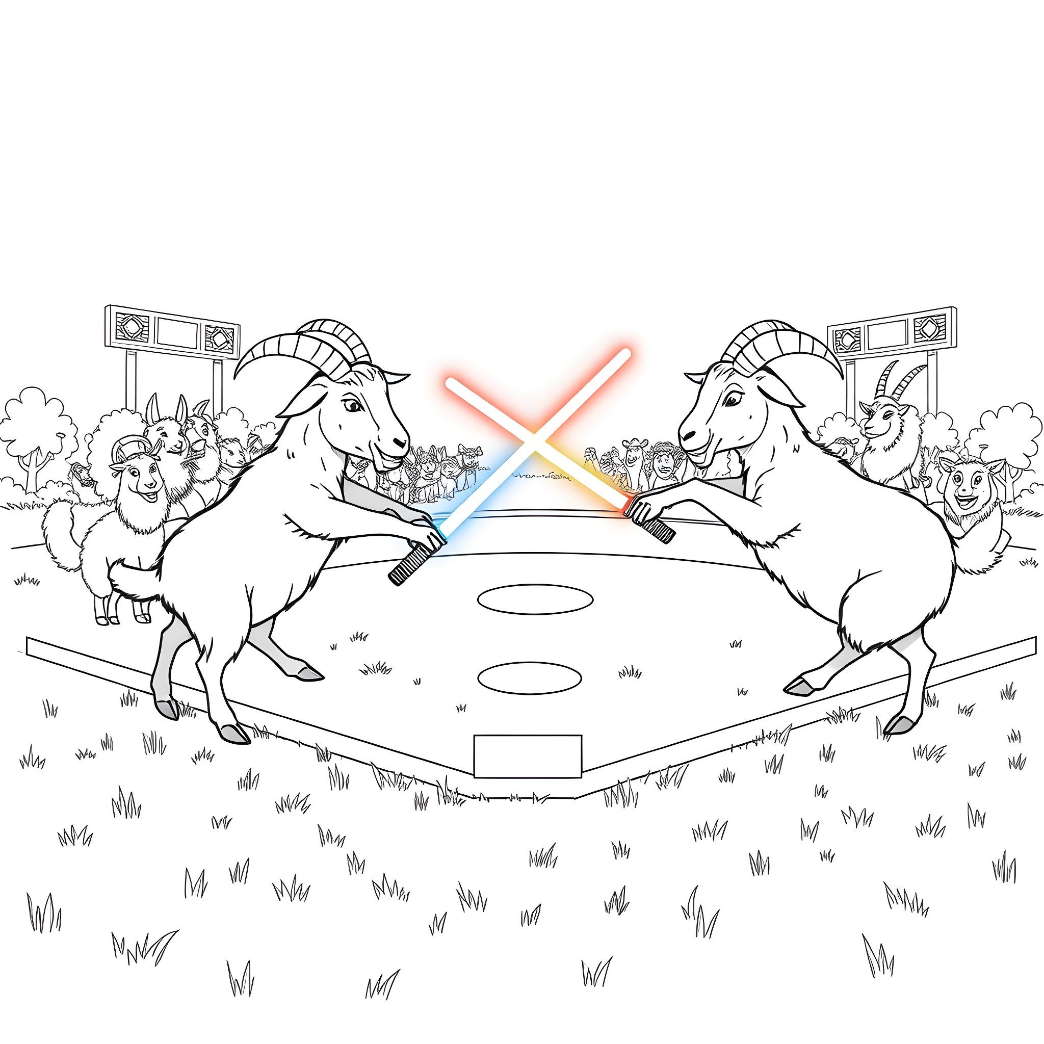 Goats wielding lightsabers in epic battle Coloring Page (free black-and-white line drawing printable PDF for all, from beginners to advanced learners, including children, teens, adults, and seniors)