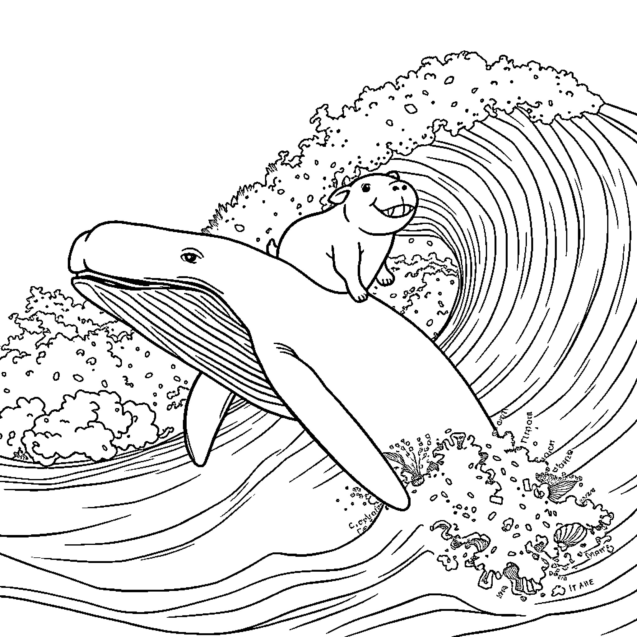 Capybara surfing with whale in ocean waves Coloring Page (free black-and-white line drawing printable PDF for all, from beginners to advanced learners, including children, teens, adults, and seniors)