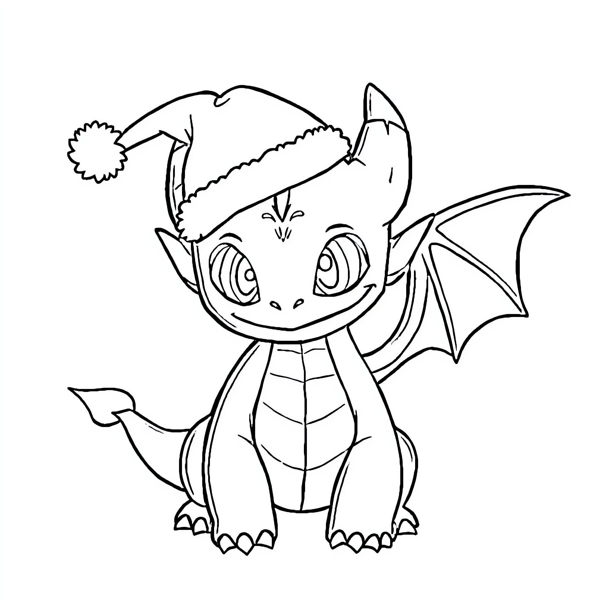 Toothless the Dragon Celebrating in a Santa Hat Coloring Page (free black-and-white line drawing printable PDF for all, from beginners to advanced learners, including children, teens, adults, and seniors)