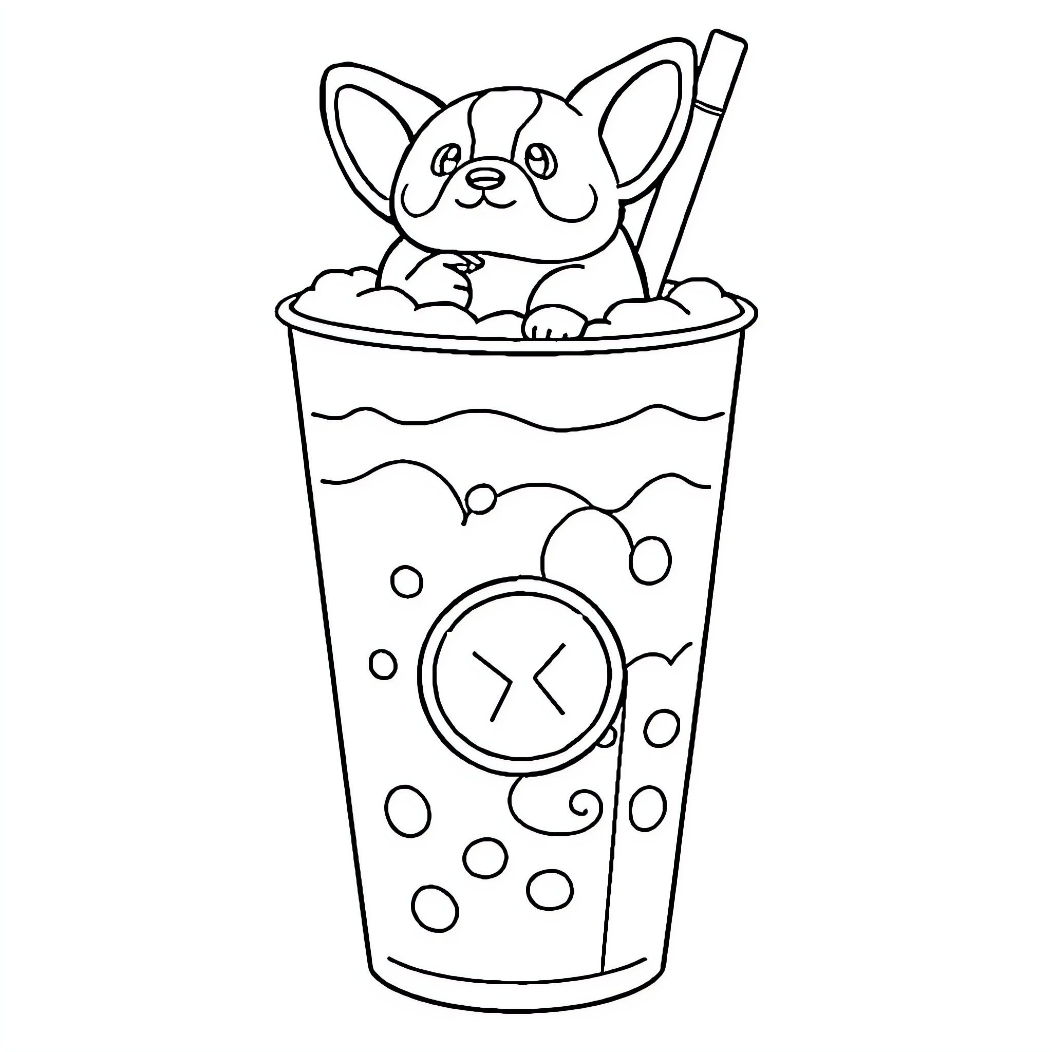 Boba Puppy Enjoying Bubble Tea Coloring Page (free black-and-white line drawing printable PDF for all, from beginners to advanced learners, including children, teens, adults, and seniors)