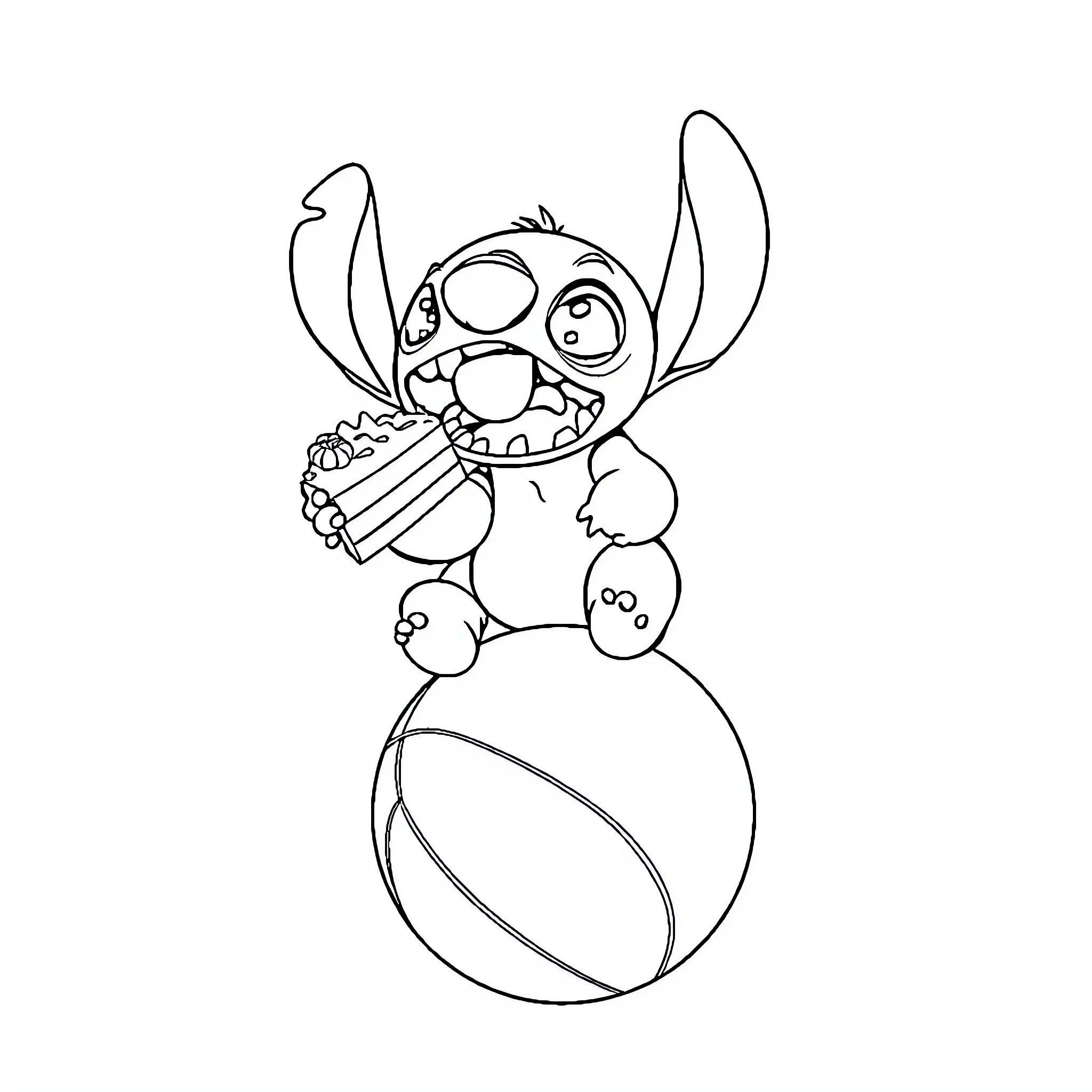 Stitch playing with toys on the ball Coloring Page (free black-and-white line drawing printable PDF for all, from beginners to advanced learners, including children, teens, adults, and seniors)