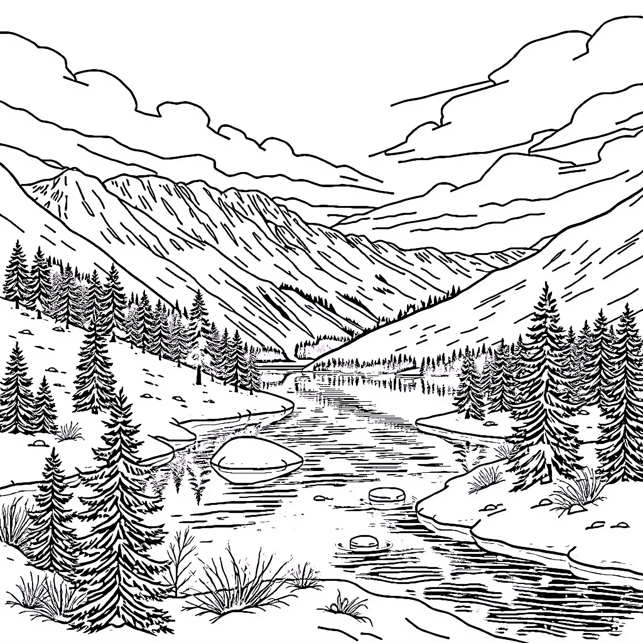 Lake in a Scenic Mountain Landscape Coloring Page (free black-and-white line drawing printable PDF for all, from beginners to advanced learners, including children, teens, adults, and seniors)
