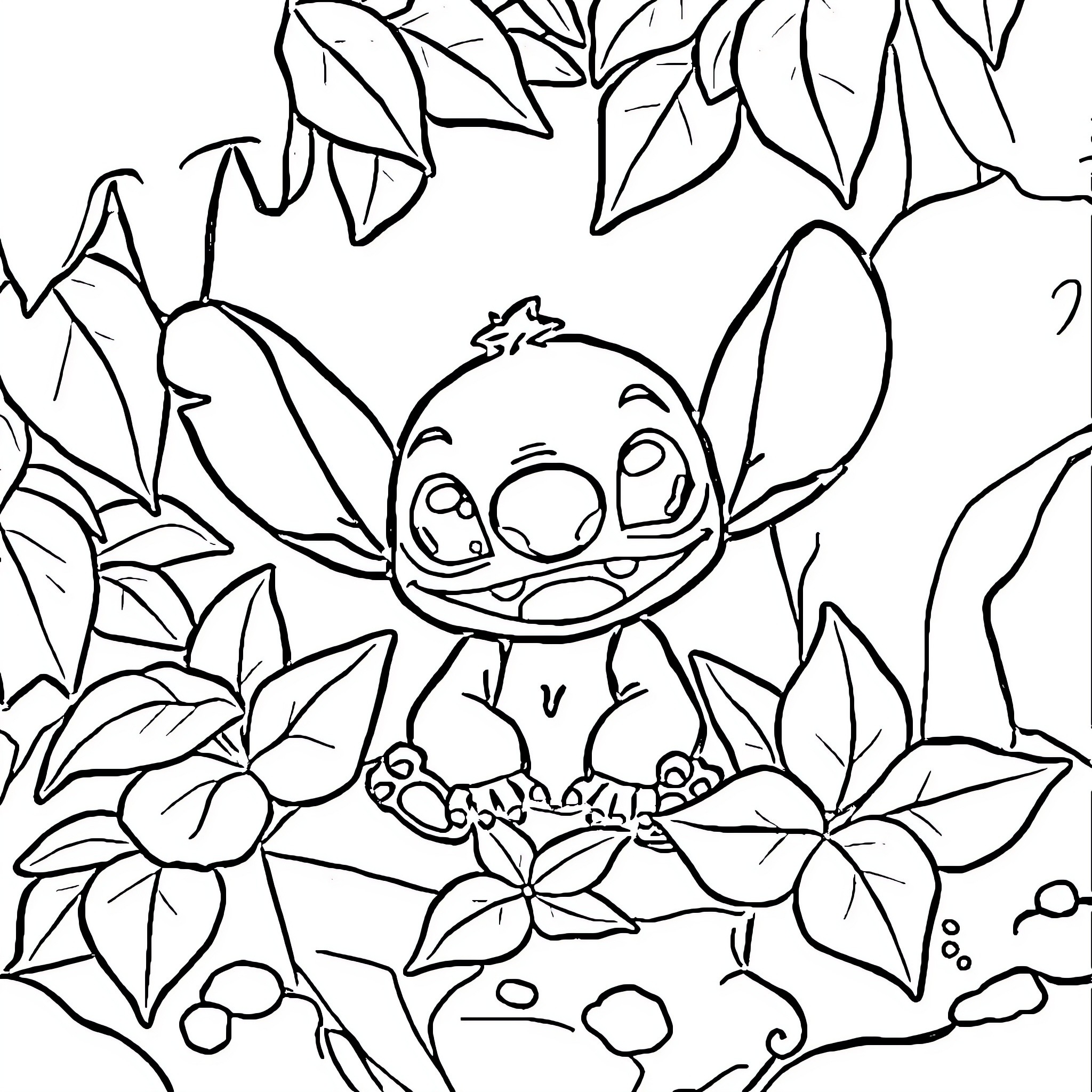 Stitch's Tropical Delight Coloring Page (free black-and-white line drawing printable PDF for all, from beginners to advanced learners, including children, teens, adults, and seniors)