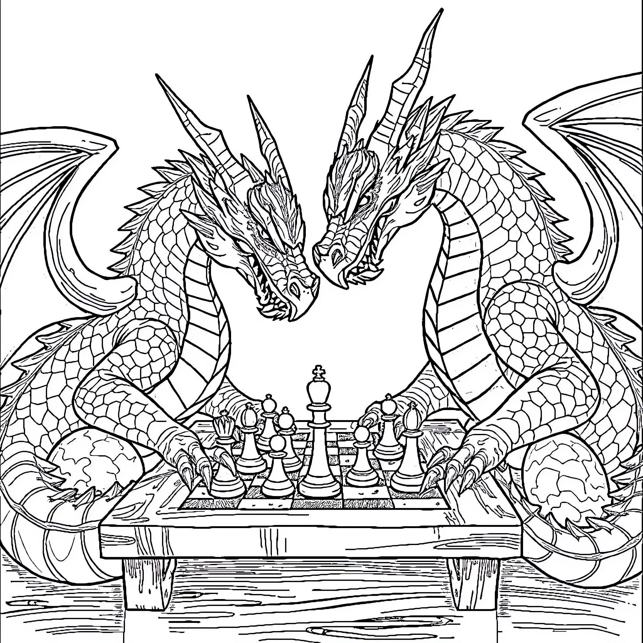 Dragon Duo Playing Chess on Wooden Table Coloring Page (free black-and-white line drawing printable PDF for all, from beginners to advanced learners, including children, teens, adults, and seniors)
