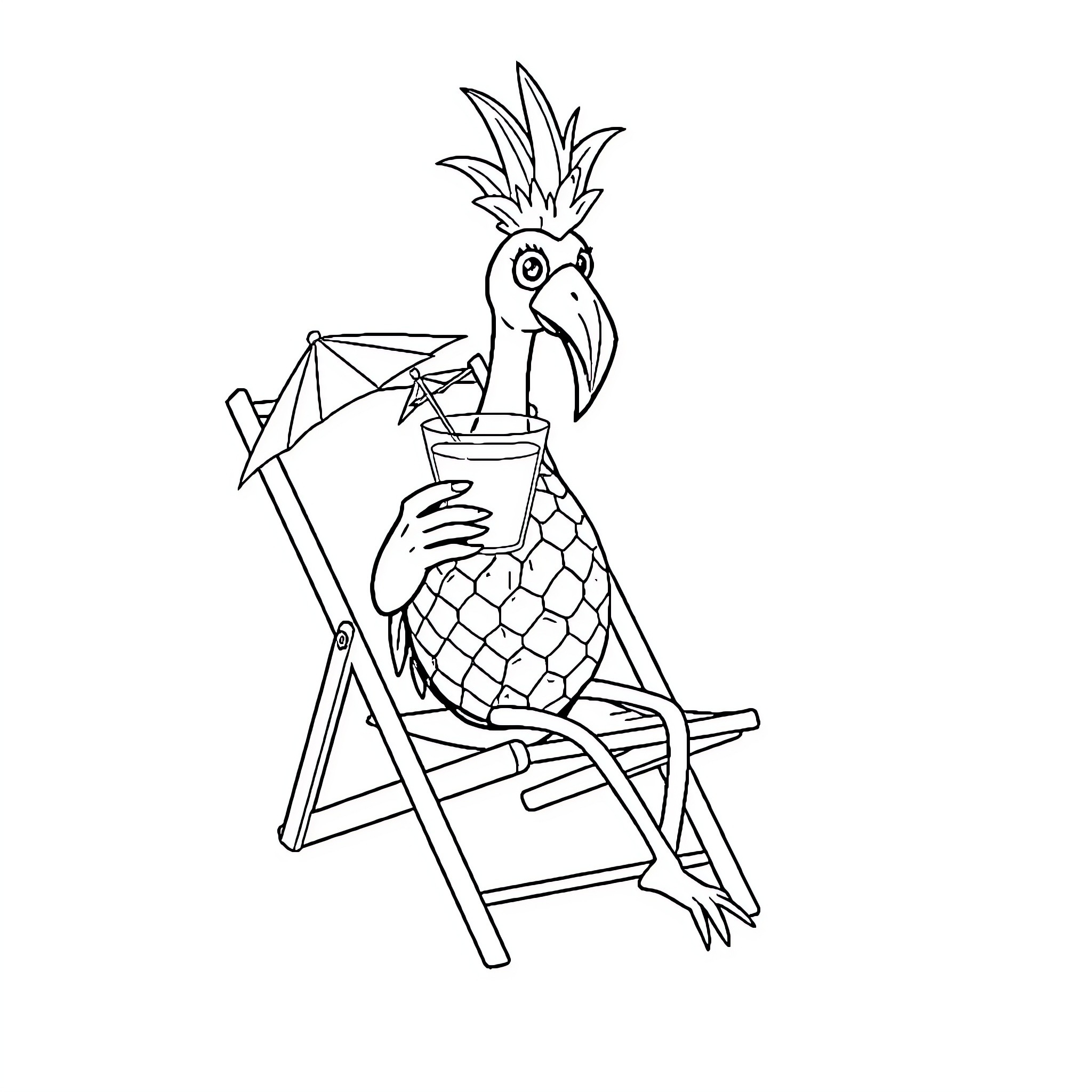 Flam-Apple Toucan relaxing with tropical drink Coloring Page (free black-and-white line drawing printable PDF for all, from beginners to advanced learners, including children, teens, adults, and seniors)