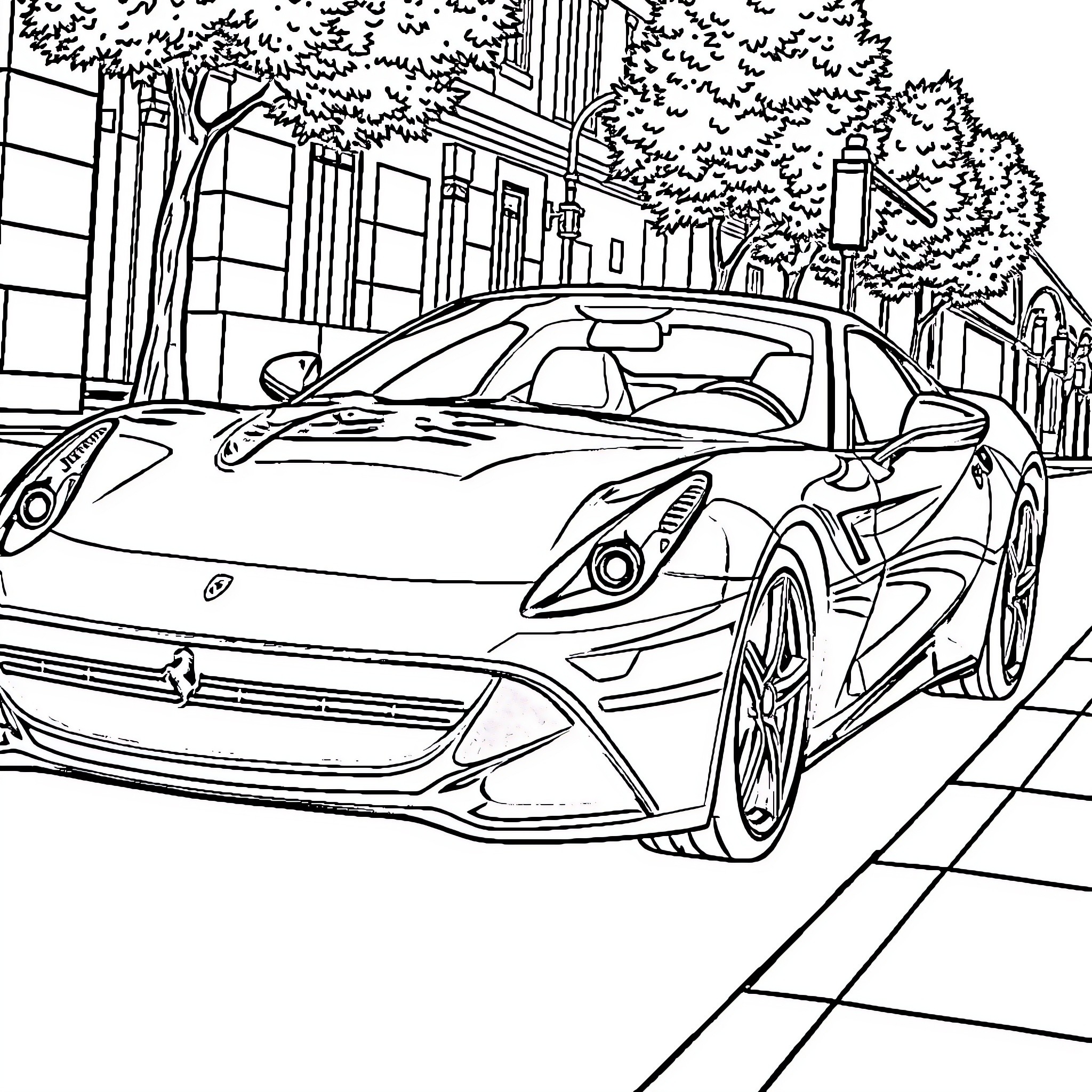 Ferrari sports car on city street Coloring Page (free black-and-white line drawing printable PDF for all, from beginners to advanced learners, including children, teens, adults, and seniors)