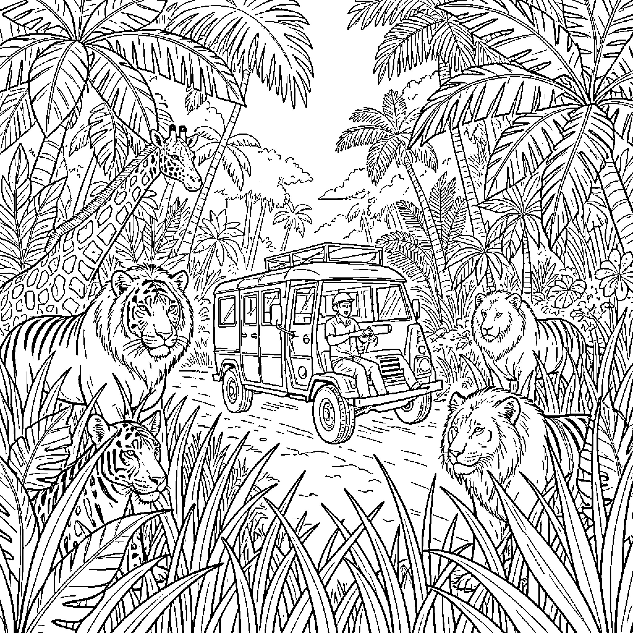 Safari adventure in the tropical jungle Coloring Page (free black-and-white line drawing printable PDF for all, from beginners to advanced learners, including children, teens, adults, and seniors)