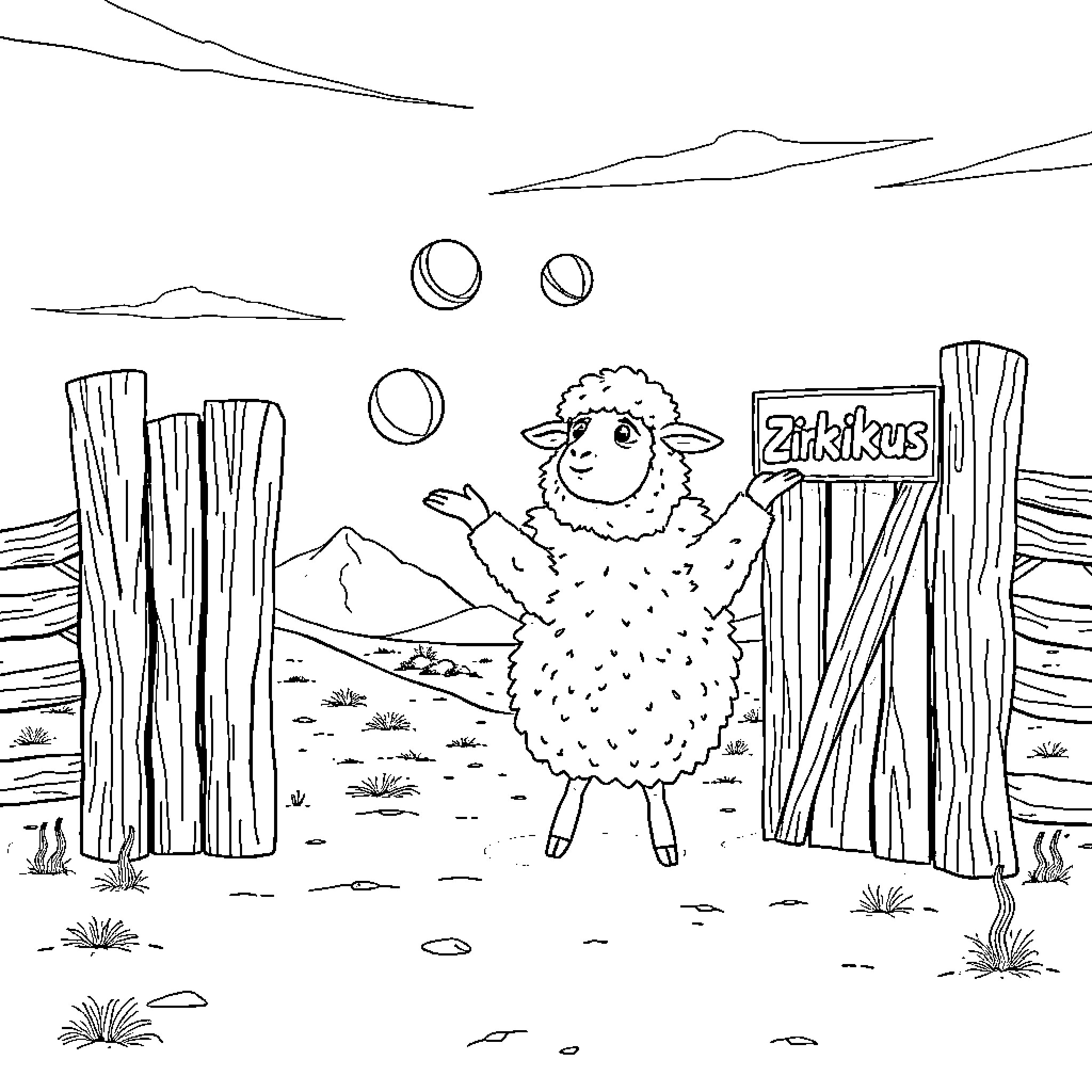 Sheep playing with balls in a fenced area Coloring Page (free black-and-white line drawing printable PDF for all, from beginners to advanced learners, including children, teens, adults, and seniors)