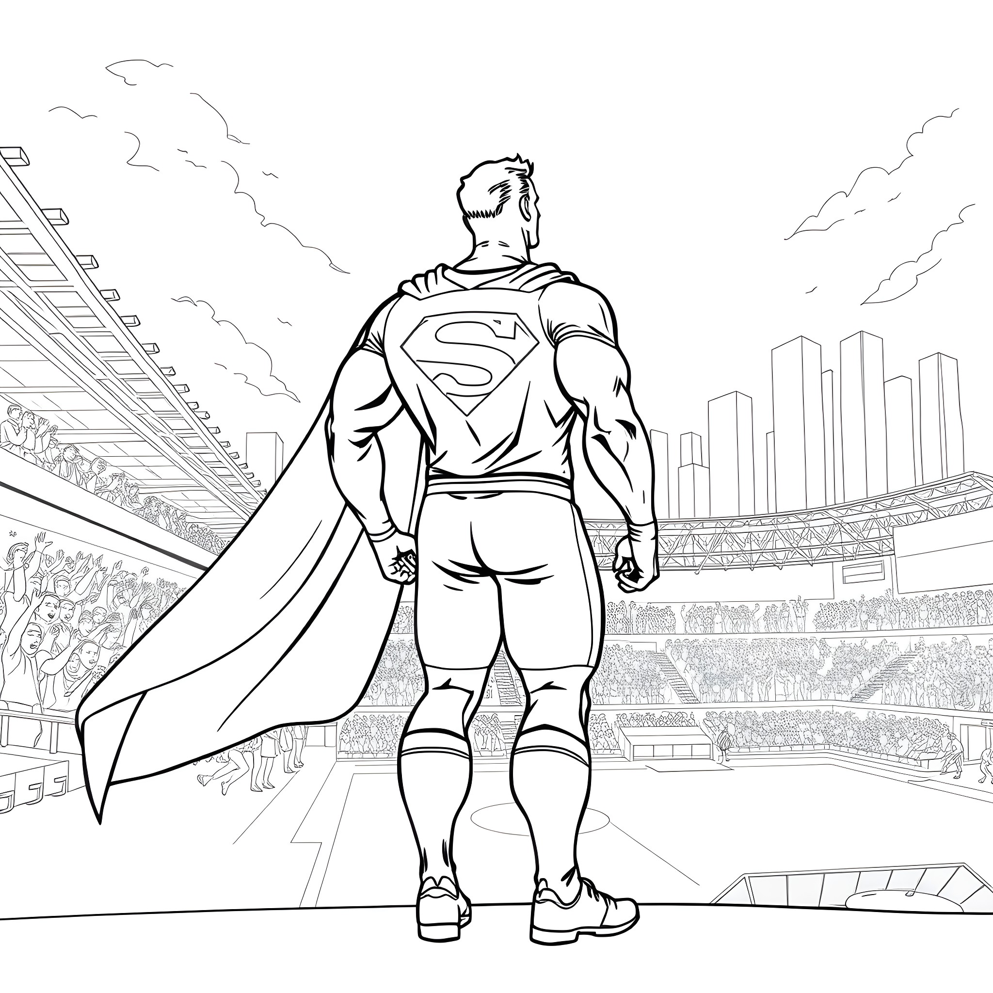 Superman soaring over a bustling cityscape Coloring Page (free black-and-white line drawing printable PDF for all, from beginners to advanced learners, including children, teens, adults, and seniors)