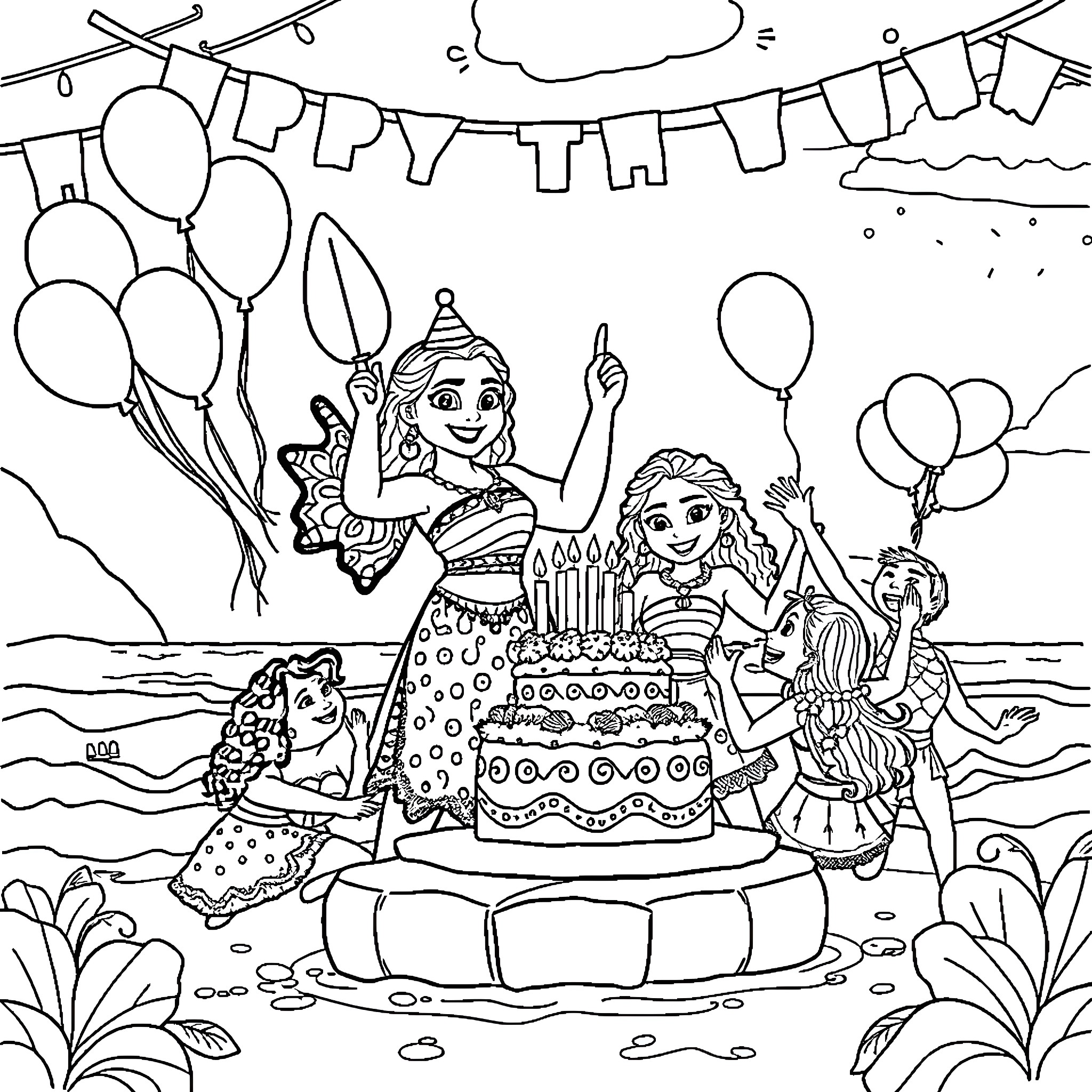 Moana celebrating her birthday with friends and family Coloring Page (free black-and-white line drawing printable PDF for all, from beginners to advanced learners, including children, teens, adults, and seniors)