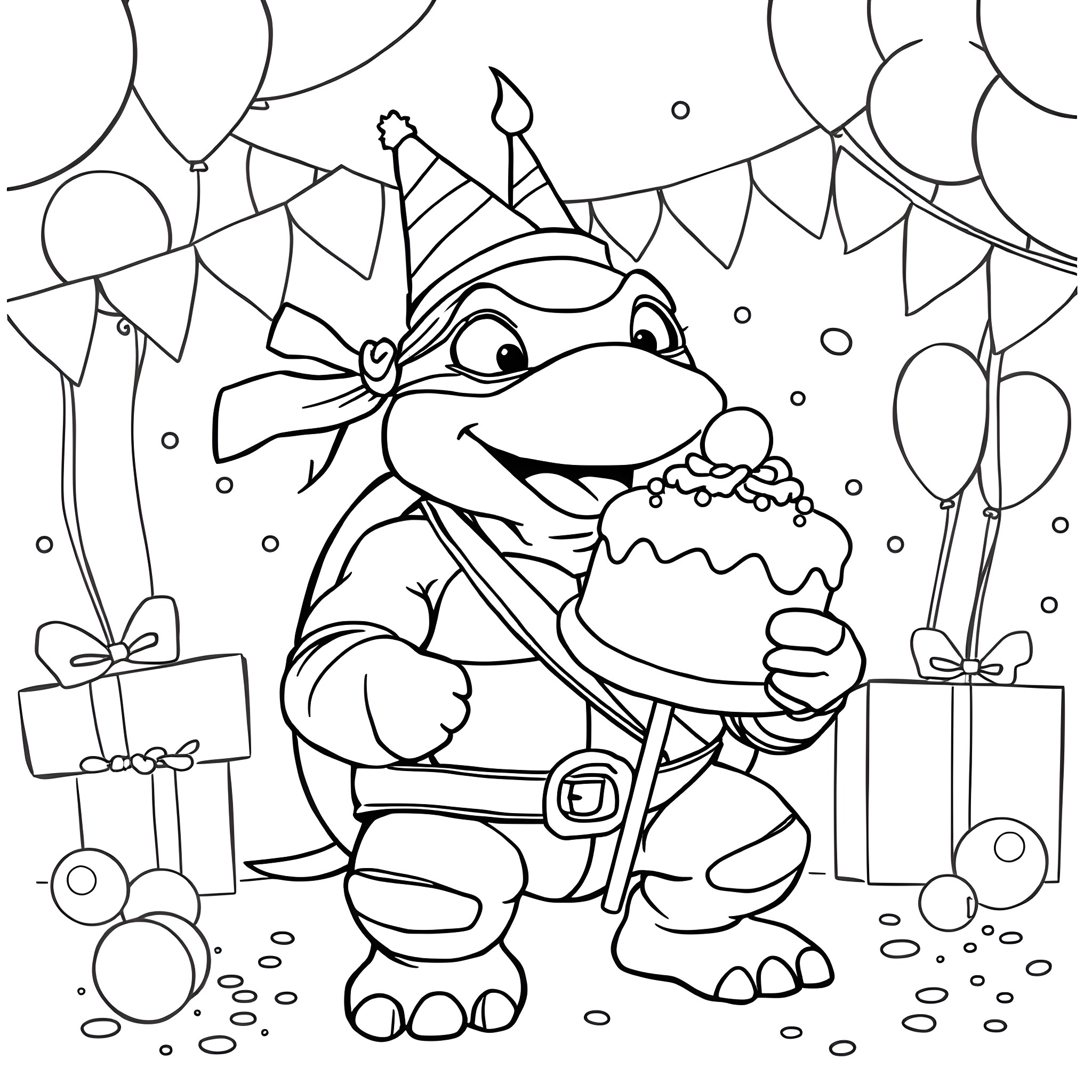 Ninja Turtle's Birthday Party Celebration Coloring Page (free black-and-white line drawing printable PDF for all, from beginners to advanced learners, including children, teens, adults, and seniors)