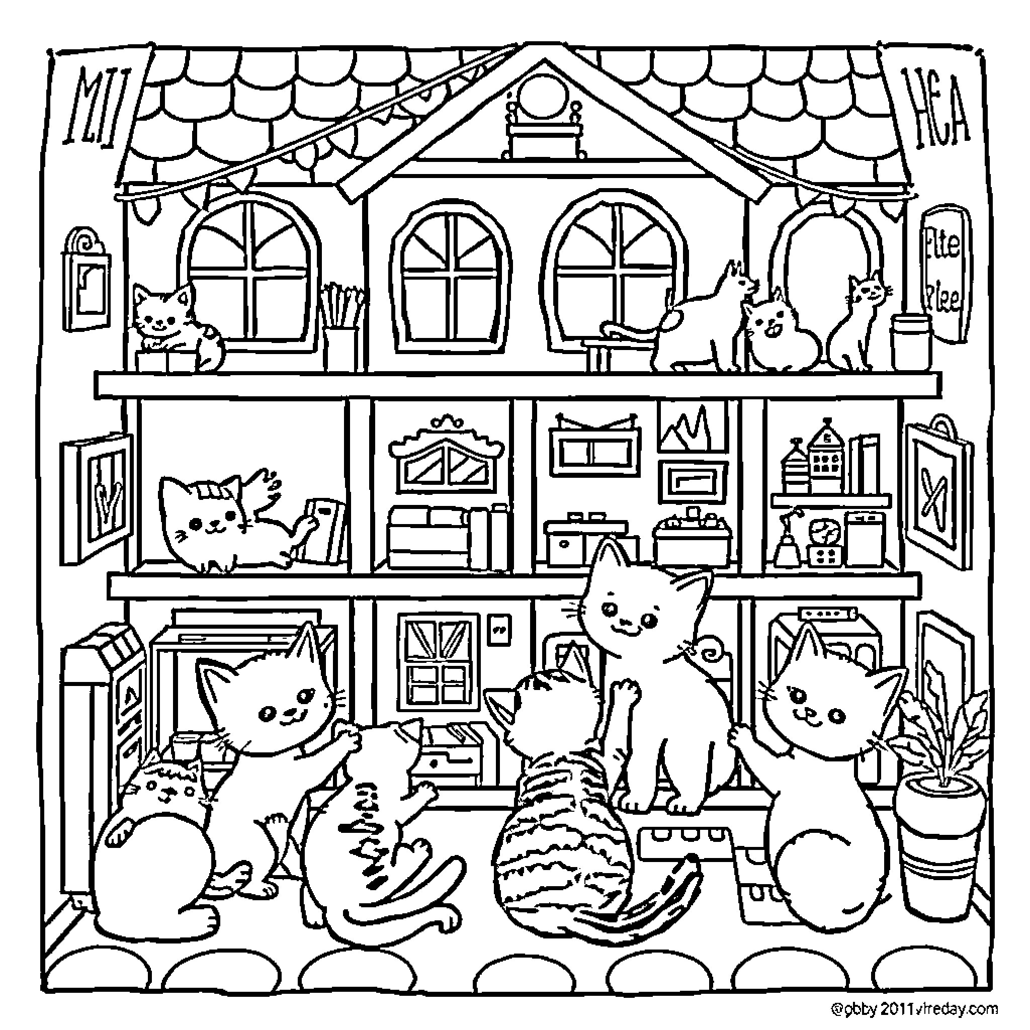 Dollhouse with Playful Kittens Coloring Page (free black-and-white line drawing printable PDF for all, from beginners to advanced learners, including children, teens, adults, and seniors)