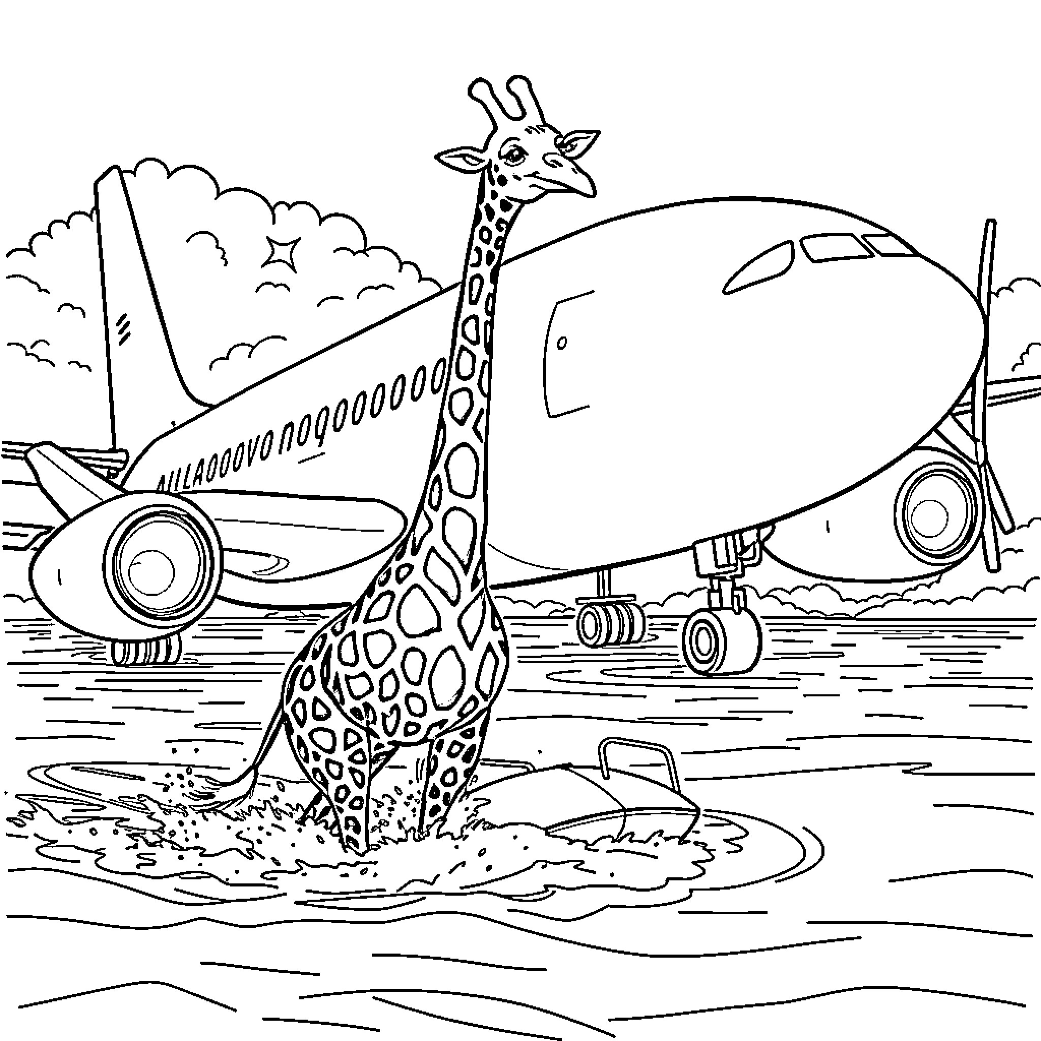 Giraffe observing airplanes and airport activity Coloring Page (free black-and-white line drawing printable PDF for all, from beginners to advanced learners, including children, teens, adults, and seniors)