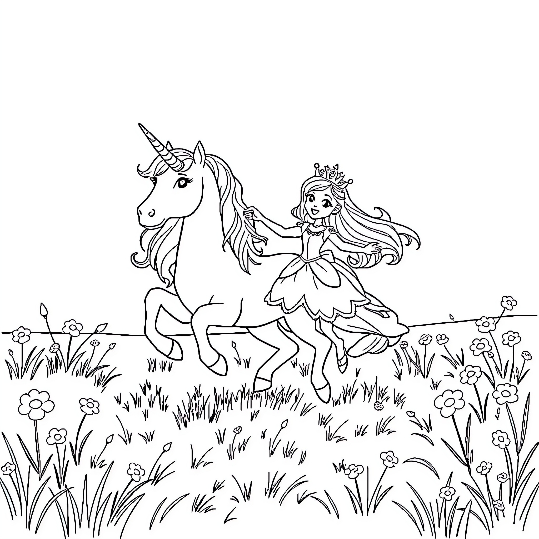 Unicorn and princess dancing in a magical meadow Coloring Page (free black-and-white line drawing printable PDF for all, from beginners to advanced learners, including children, teens, adults, and seniors)