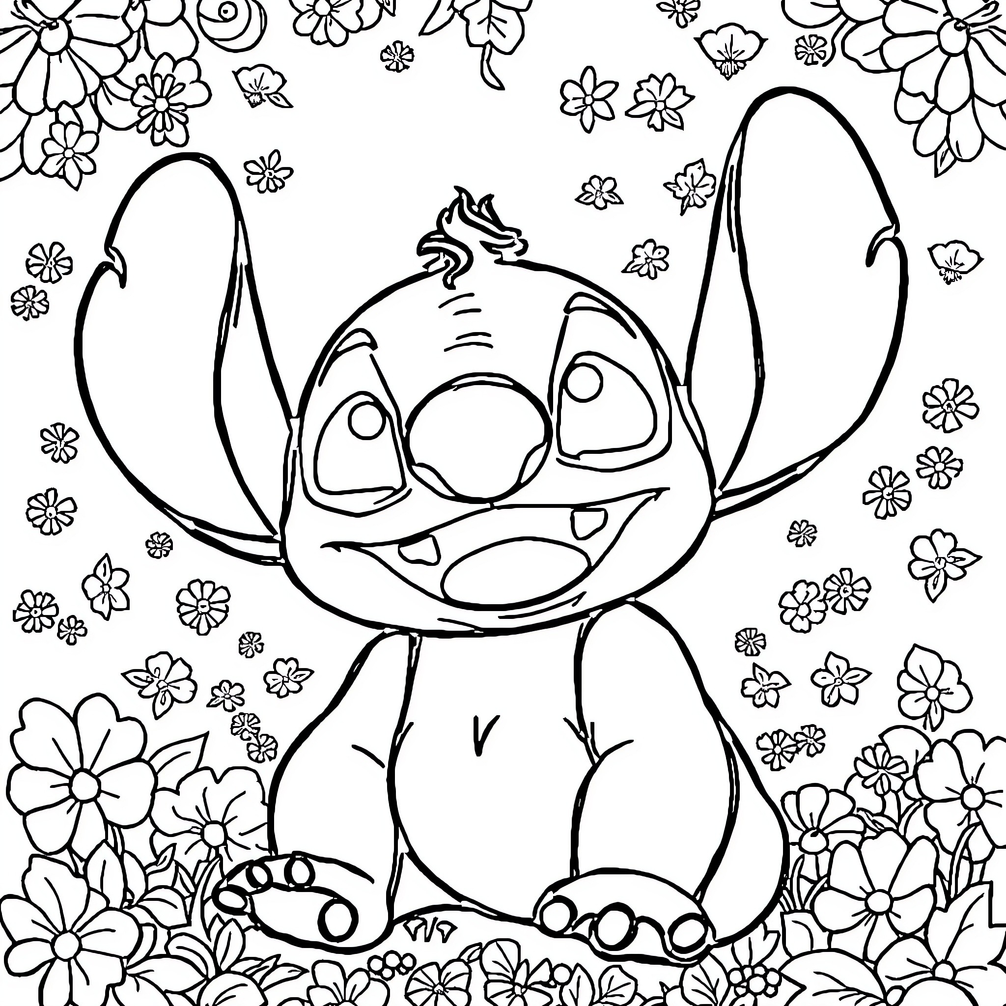 Unicorn Stitch sitting amidst blooming flowers Coloring Page (free black-and-white line drawing printable PDF for all, from beginners to advanced learners, including children, teens, adults, and seniors)