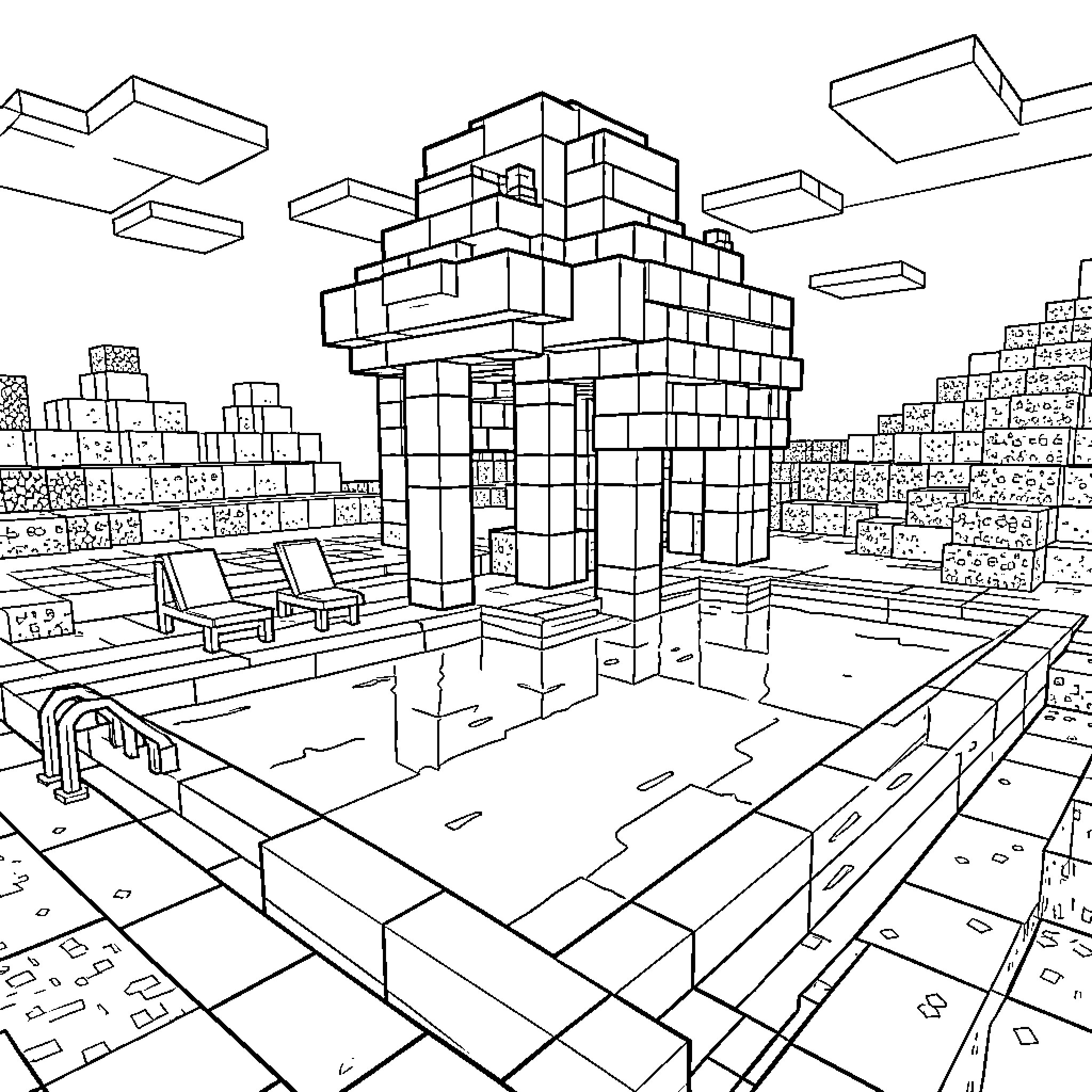 Laxi exploring a blocky landscape with a swimming pool Coloring Page (free black-and-white line drawing printable PDF for all, from beginners to advanced learners, including children, teens, adults, and seniors)