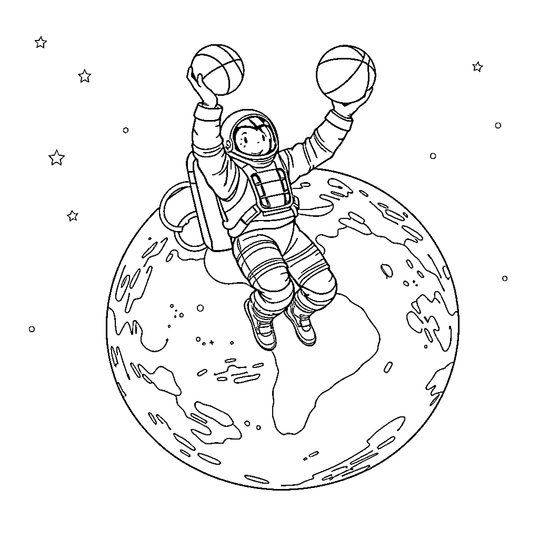 Astronaut floating above the Earth Coloring Page (free black-and-white line drawing printable PDF for all, from beginners to advanced learners, including children, teens, adults, and seniors)