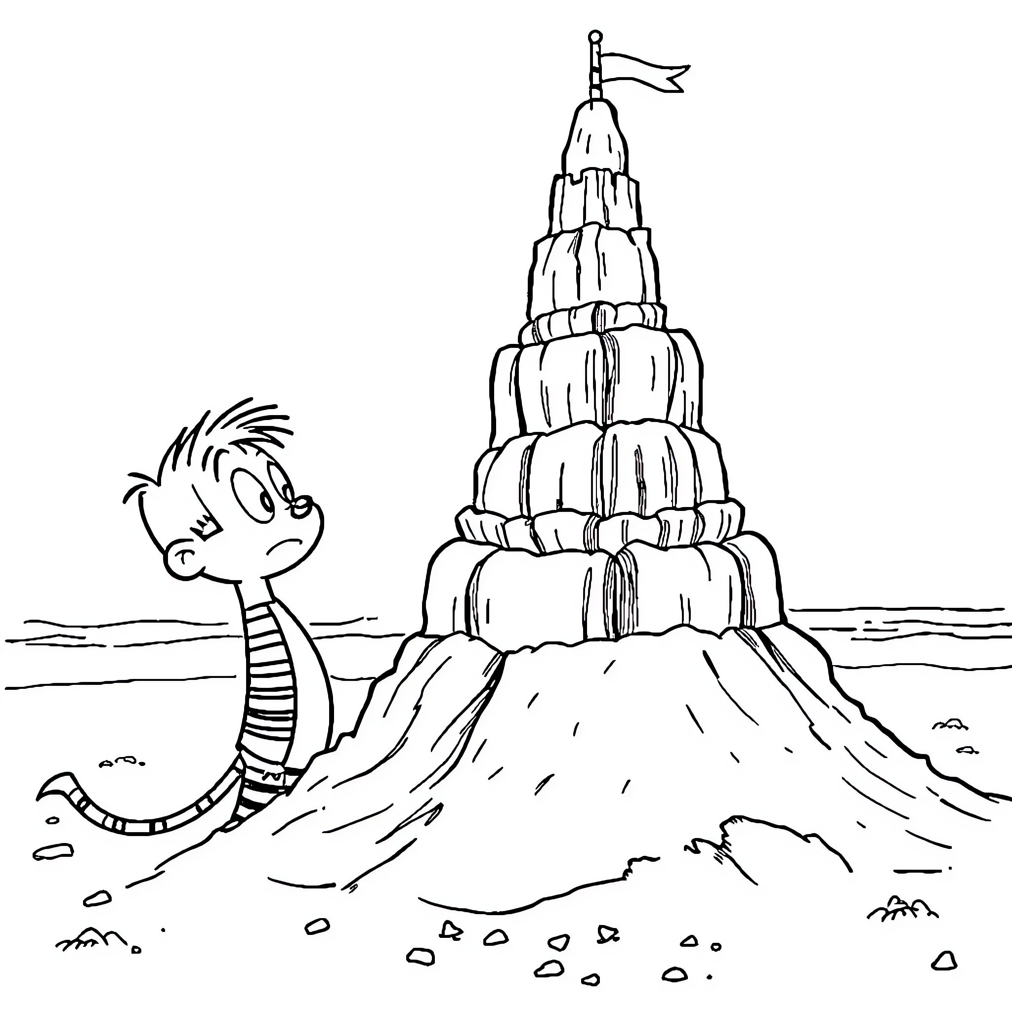 Calvin and Hobbes Build a Sandcastle on the Beach Coloring Page (free black-and-white line drawing printable PDF for all, from beginners to advanced learners, including children, teens, adults, and seniors)