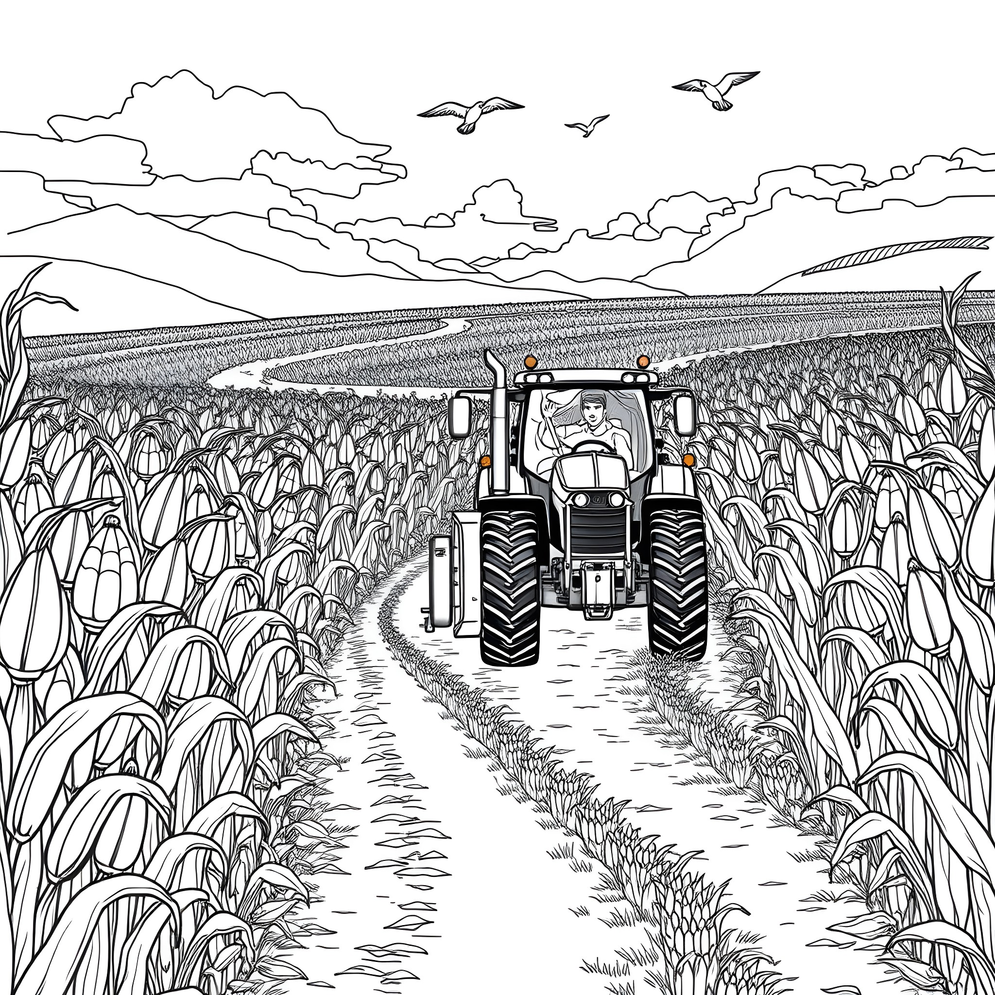 Tractor plowing through the fields under a cloudy sky Coloring Page (free black-and-white line drawing printable PDF for all, from beginners to advanced learners, including children, teens, adults, and seniors)