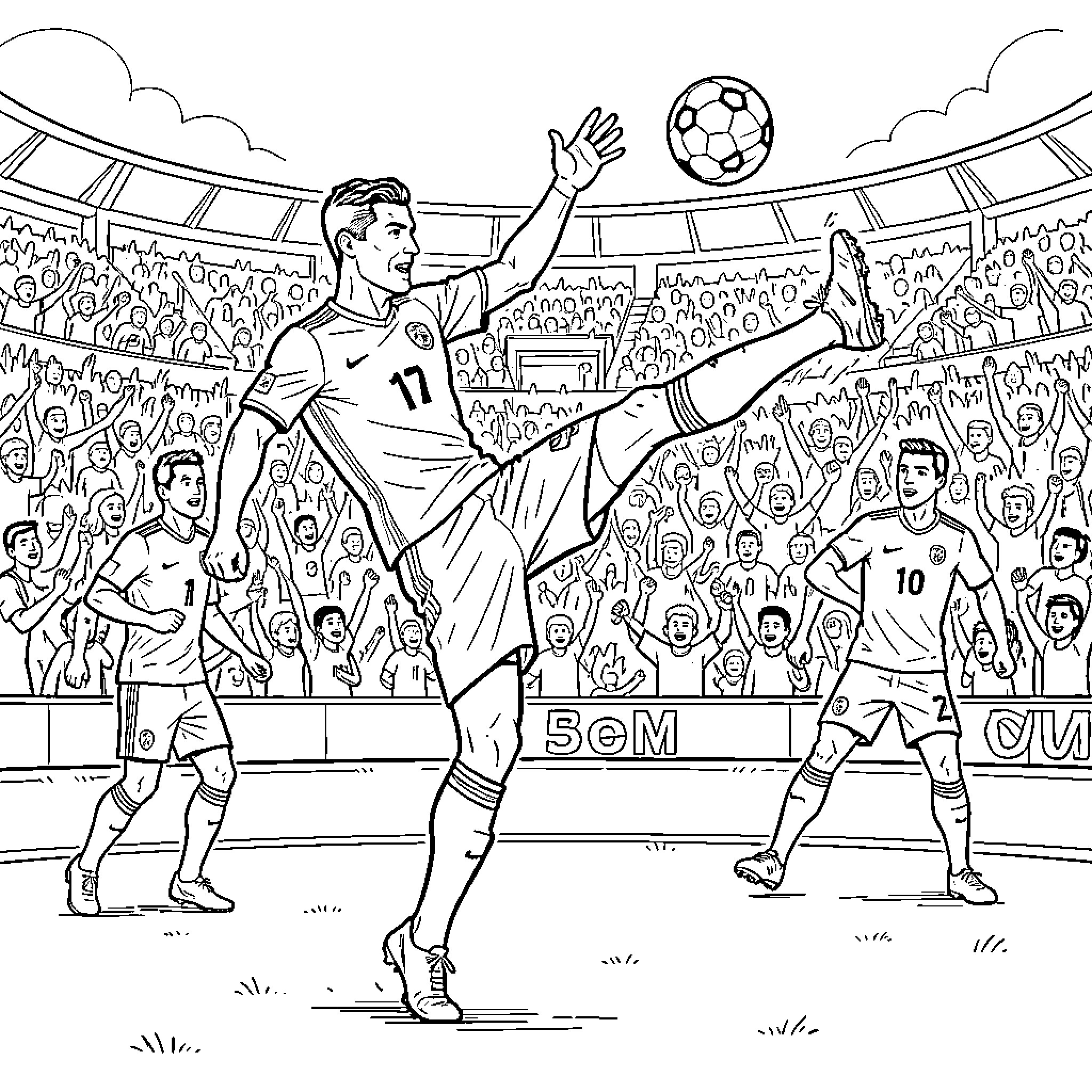 Cristiano Ronaldo performing a high kick during a match Coloring Page (free black-and-white line drawing printable PDF for all, from beginners to advanced learners, including children, teens, adults, and seniors)