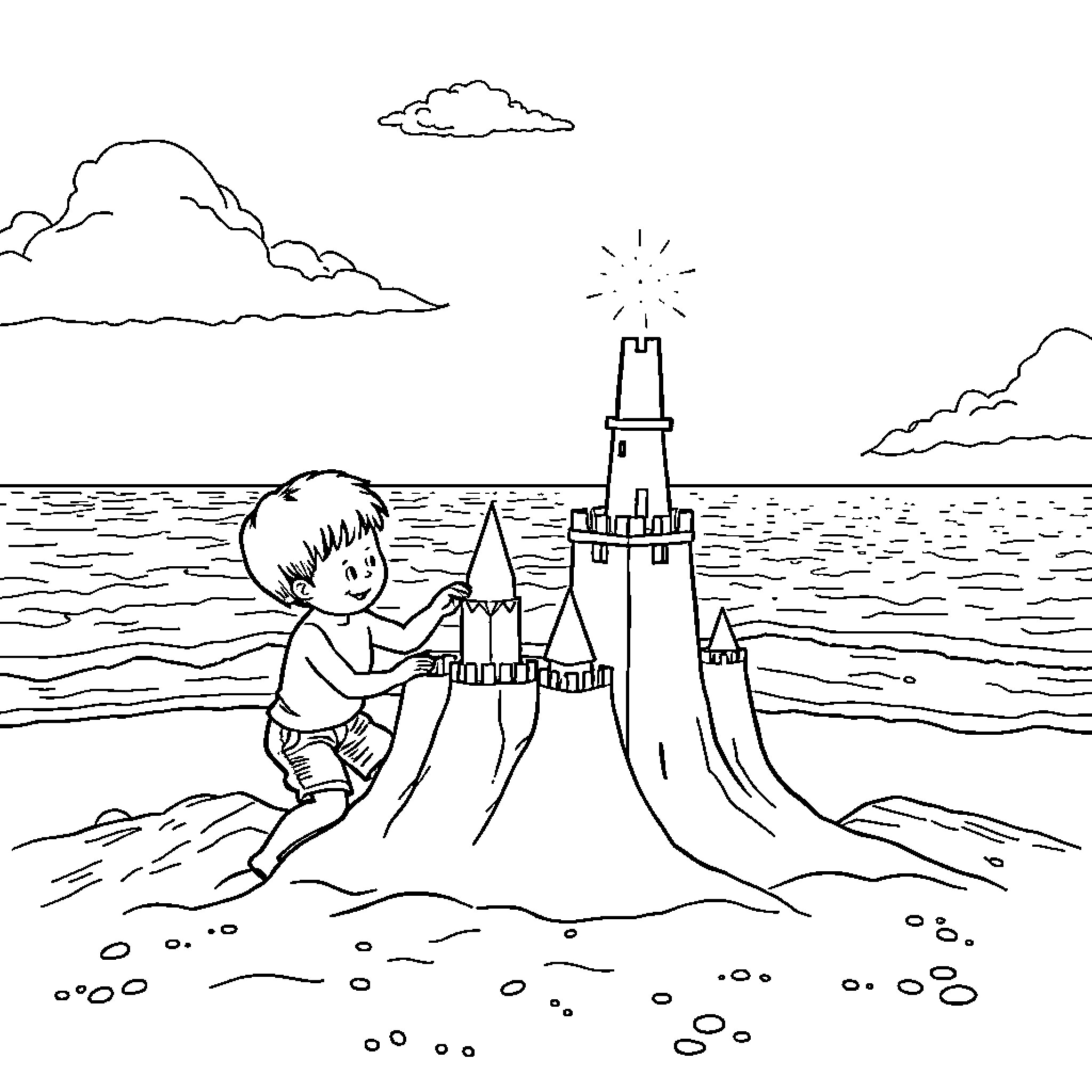 Boy building sandcastle near the lighthouse Coloring Page (free black-and-white line drawing printable PDF for all, from beginners to advanced learners, including children, teens, adults, and seniors)