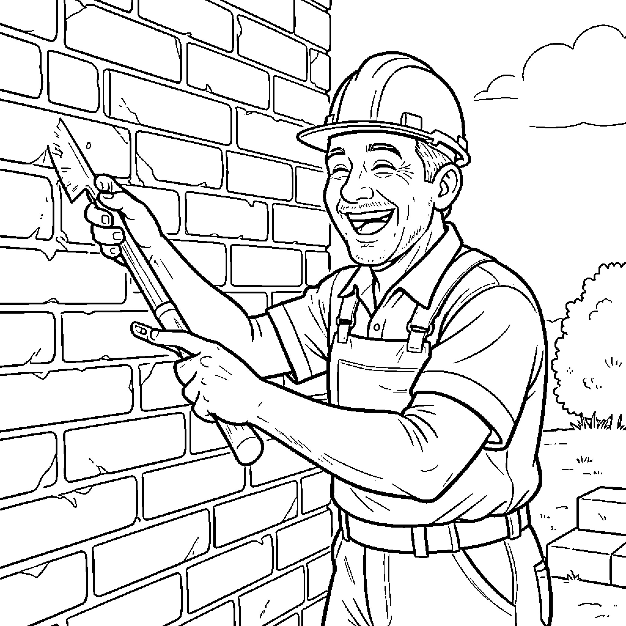 Mason happily applying mortar to a brick wall Coloring Page (free black-and-white line drawing printable PDF for all, from beginners to advanced learners, including children, teens, adults, and seniors)