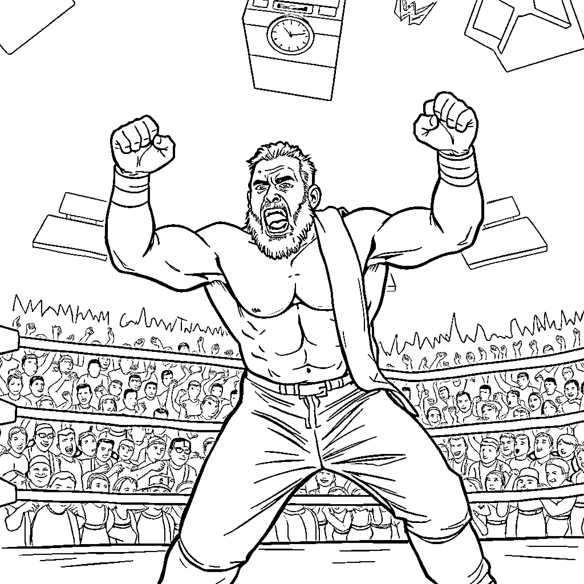 Wrestler Triumphantly Celebrates Victory in the Ring Coloring Page (free black-and-white line drawing printable PDF for all, from beginners to advanced learners, including children, teens, adults, and seniors)