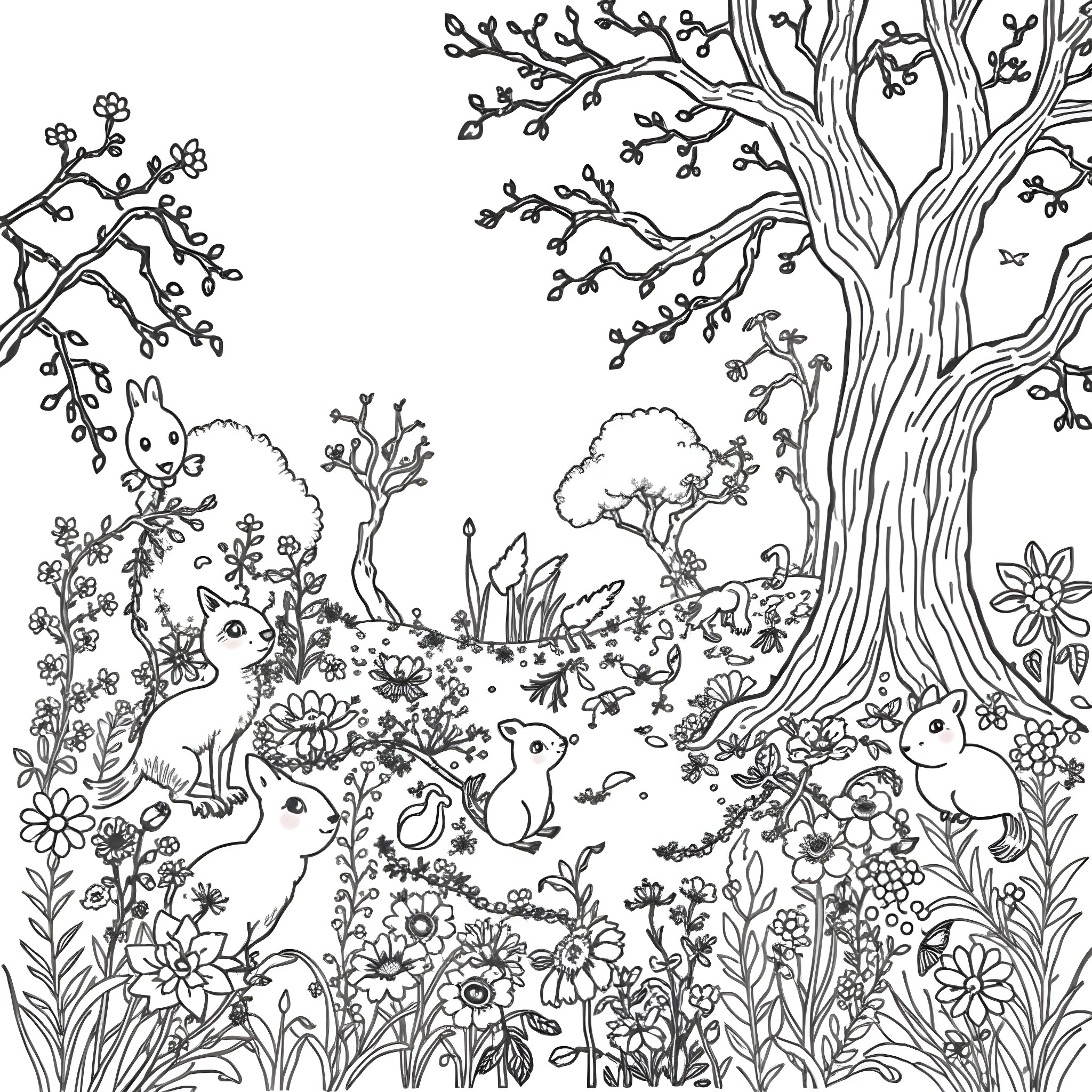 Forest scene with animals and flowers Coloring Page (free black-and-white line drawing printable PDF for all, from beginners to advanced learners, including children, teens, adults, and seniors)