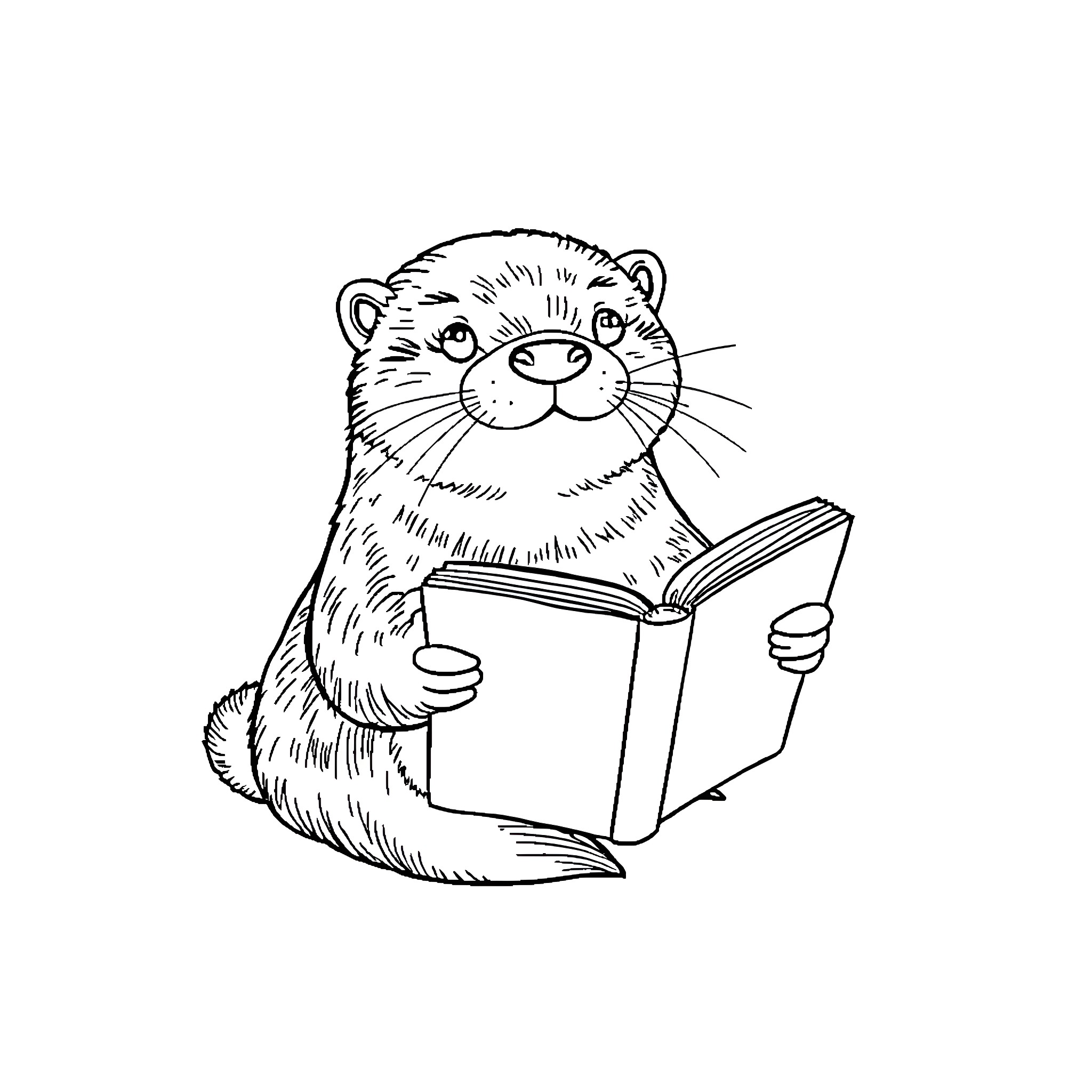 Otter reading a book attentively Coloring Page (free black-and-white line drawing printable PDF for all, from beginners to advanced learners, including children, teens, adults, and seniors)