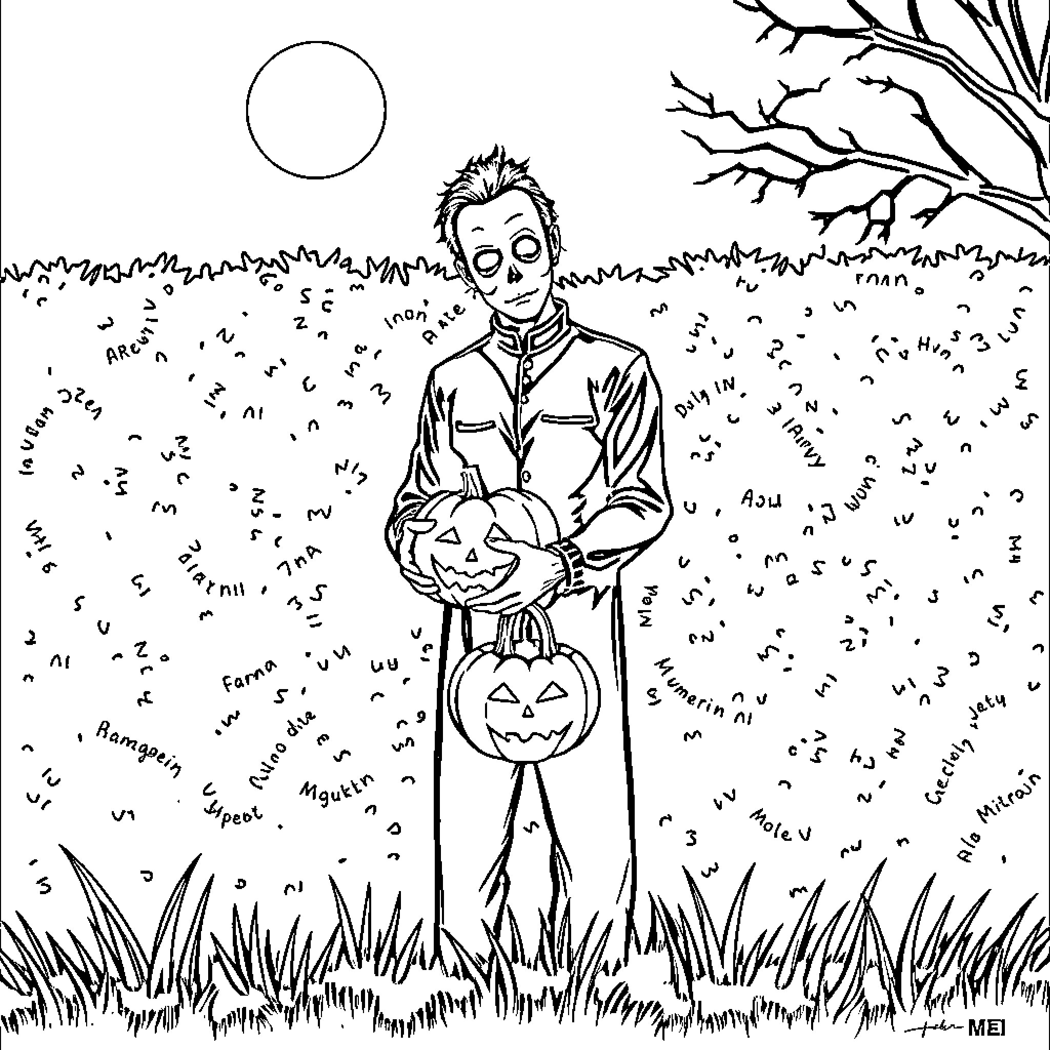 Michael Myers in Halloween costume holding pumpkins Coloring Page (free black-and-white line drawing printable PDF for all, from beginners to advanced learners, including children, teens, adults, and seniors)