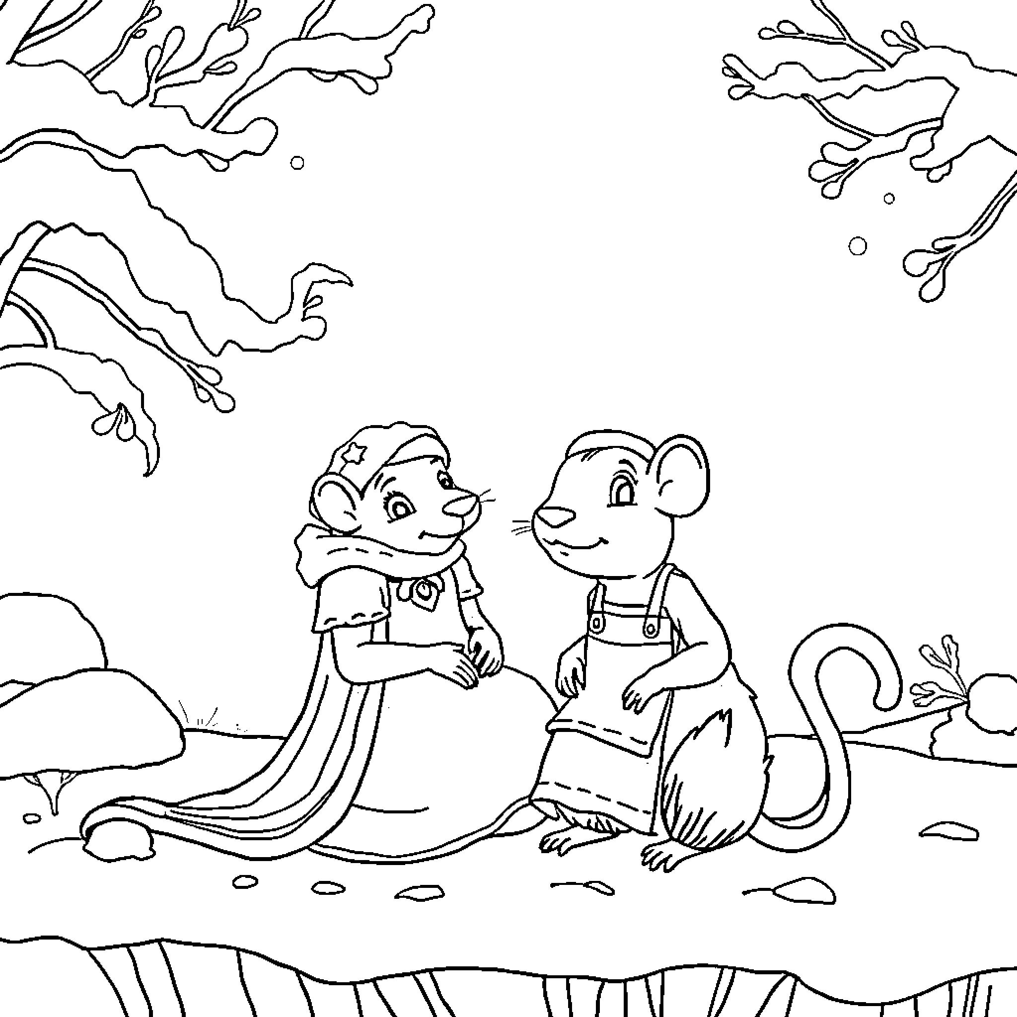 Snow Queen's Icy Adventure with Animal Companions Coloring Page (free black-and-white line drawing printable PDF for all, from beginners to advanced learners, including children, teens, adults, and seniors)