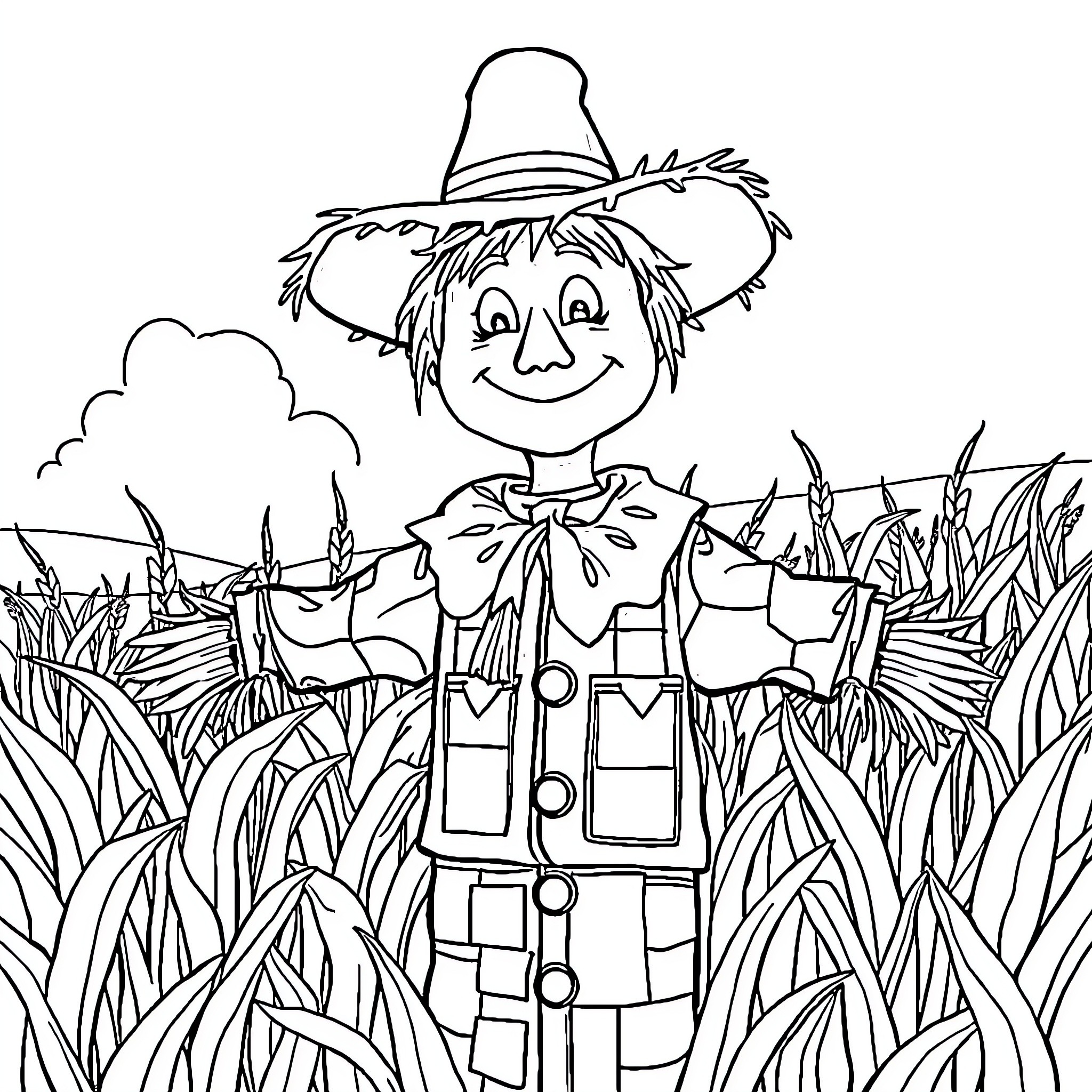 Scarecrow enjoying the countryside view Coloring Page (free black-and-white line drawing printable PDF for all, from beginners to advanced learners, including children, teens, adults, and seniors)